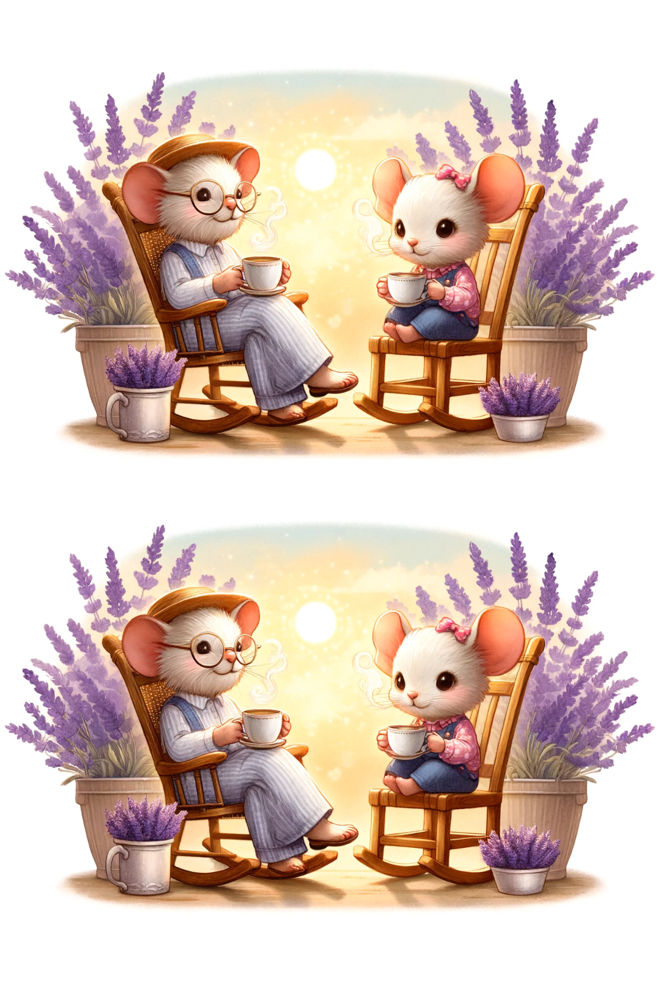 Sticker Sheet / Greeting Card – Mice In Rocking Chairs In Lavender Collage Cat. No. 209