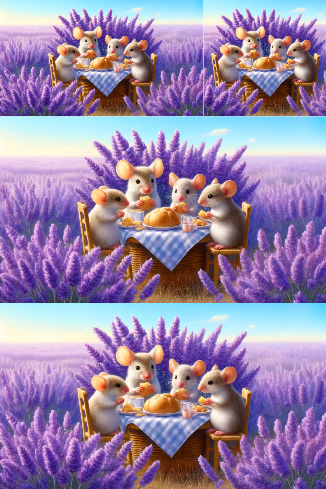 Sticker Sheet / Greeting Card – Mice Eat Dinner In Lavender Collage Cat. No. 211