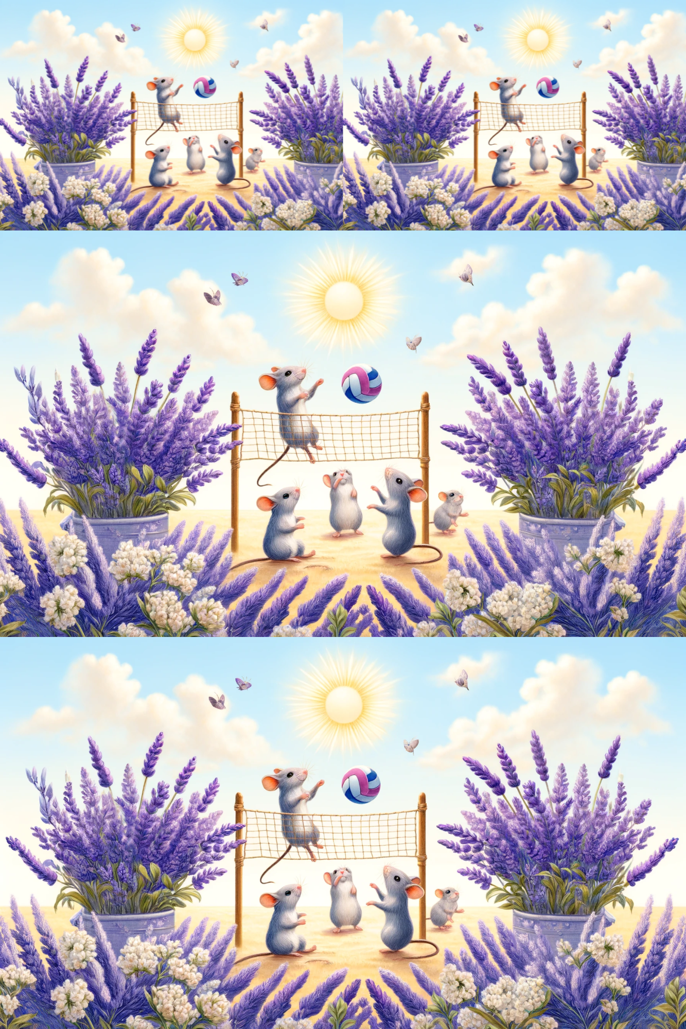 Sticker Sheet / Greeting Card – Mice In Lavender Play Volleyball Collage Cat. No. 215