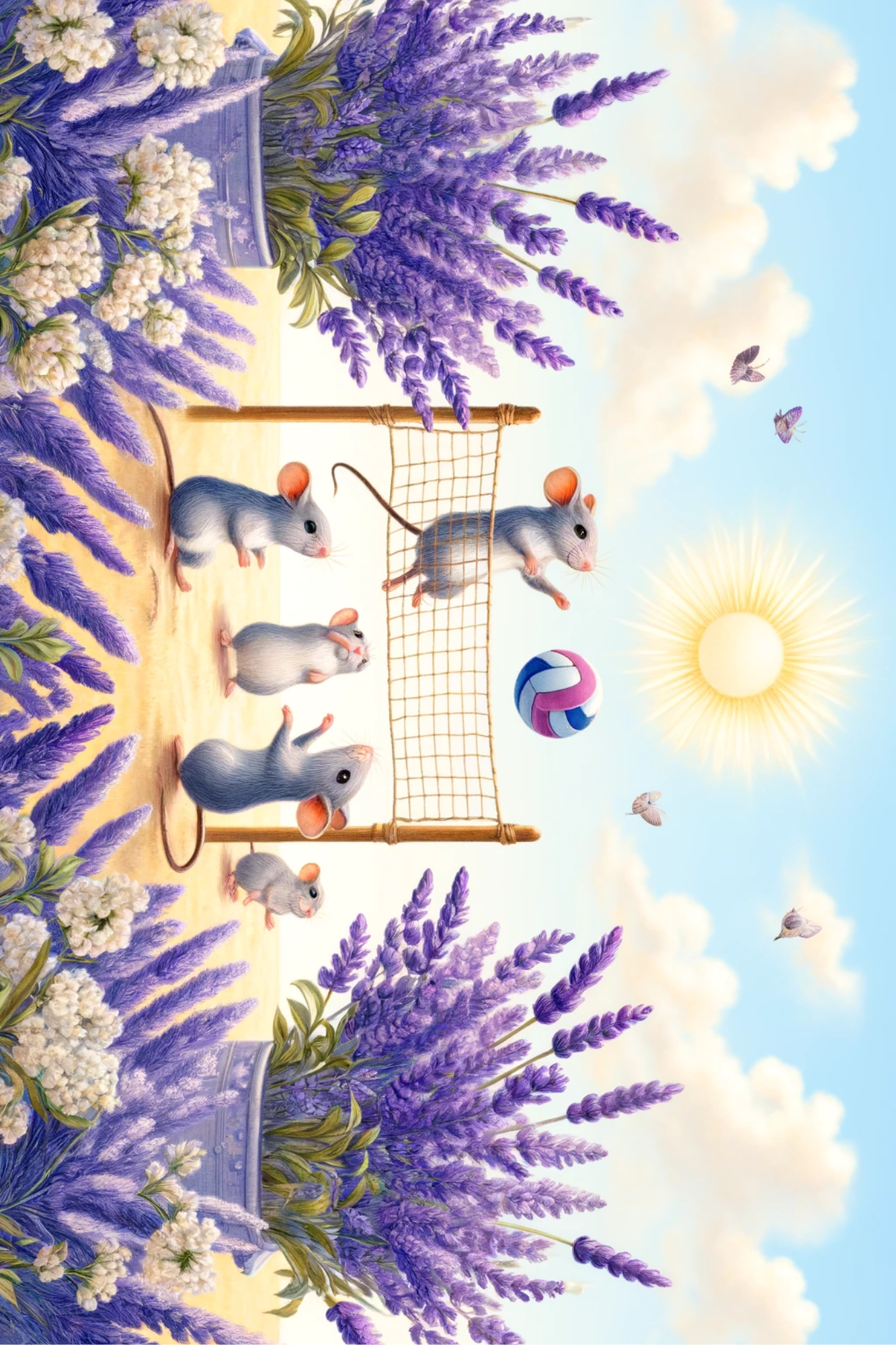 Sticker Sheet / Greeting Card – Mice In Lavender Play Volleyball Full Cat. No. 216