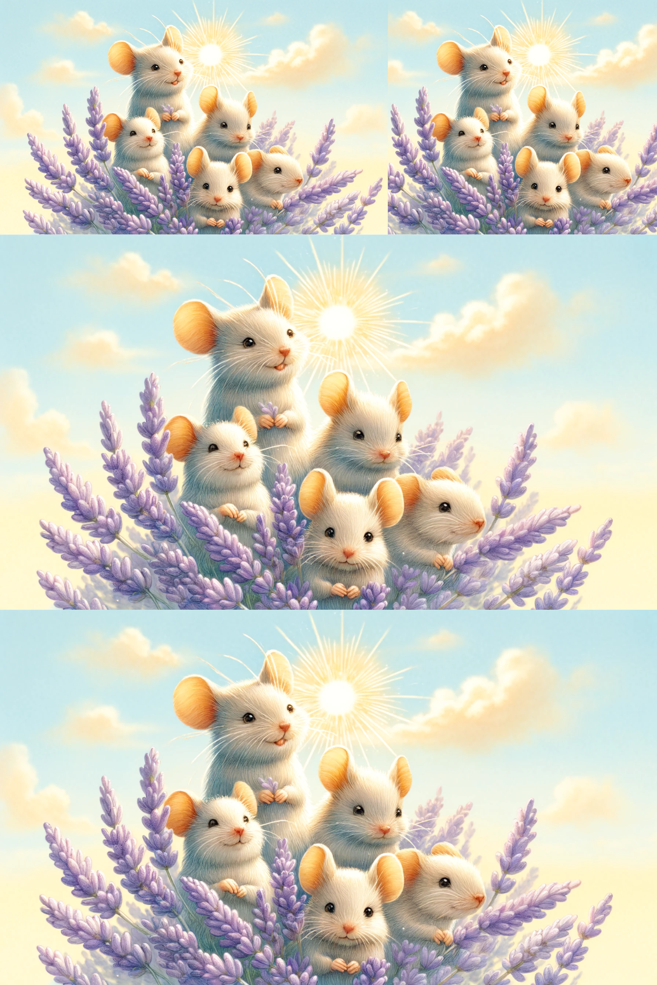 Sticker Sheet / Greeting Card – Mice Family In Lavender Collage Cat. No. 221