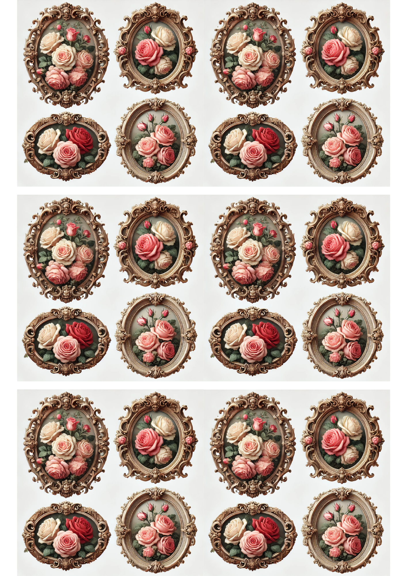 Sticker Sheet / Greeting Card – Roses In Baroque Ovals Collage Cat. No. 3083