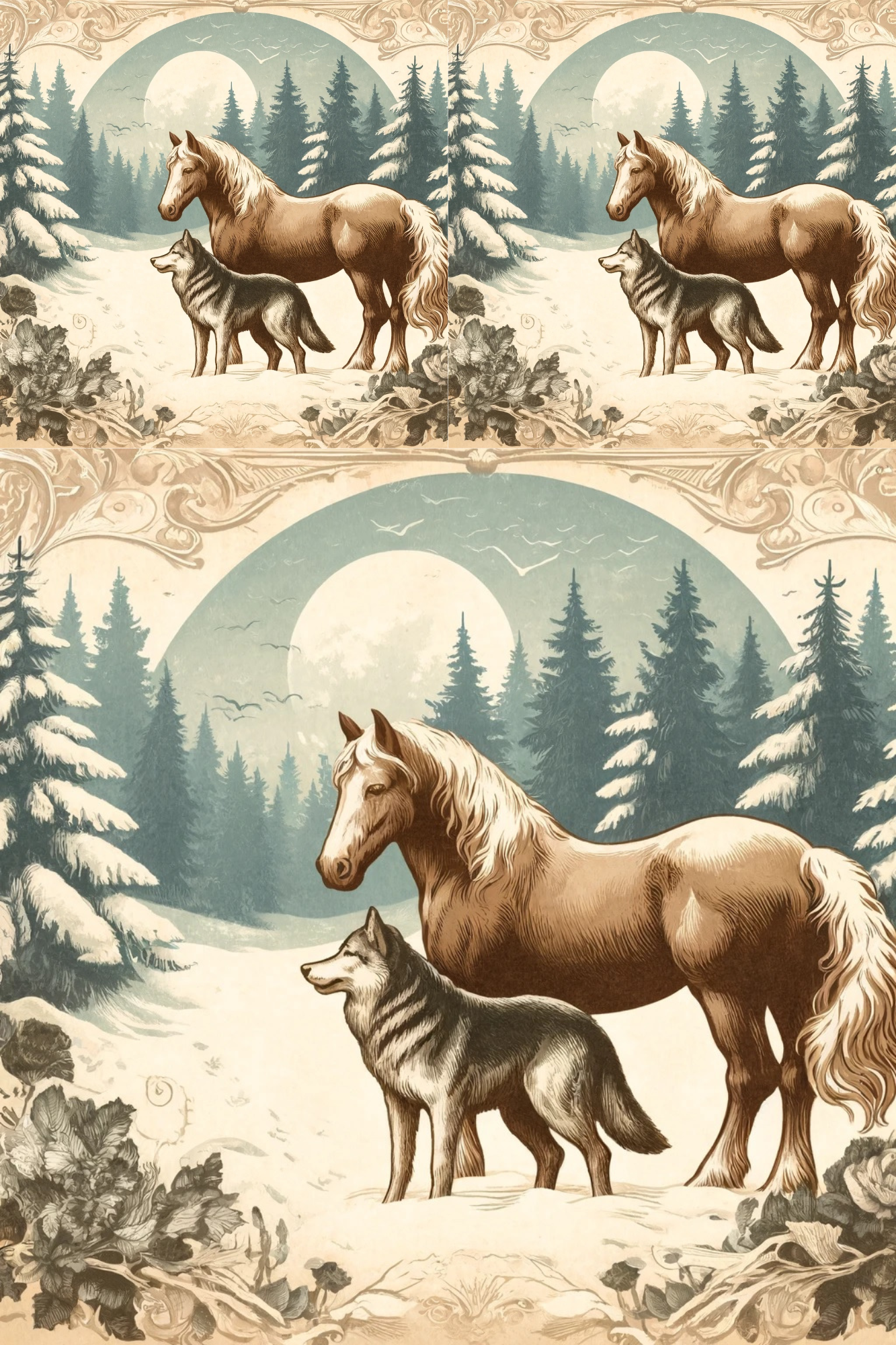 Sticker Sheet / Greeting Card – Horse And Wolf In Winter Time Cat No. 3072