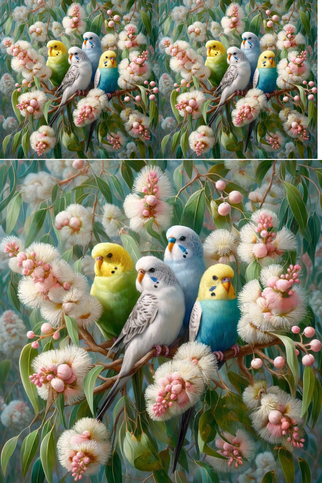 Sticker Sheet / Greeting Card – Budgies On Eucalyptus Cat. No. 246