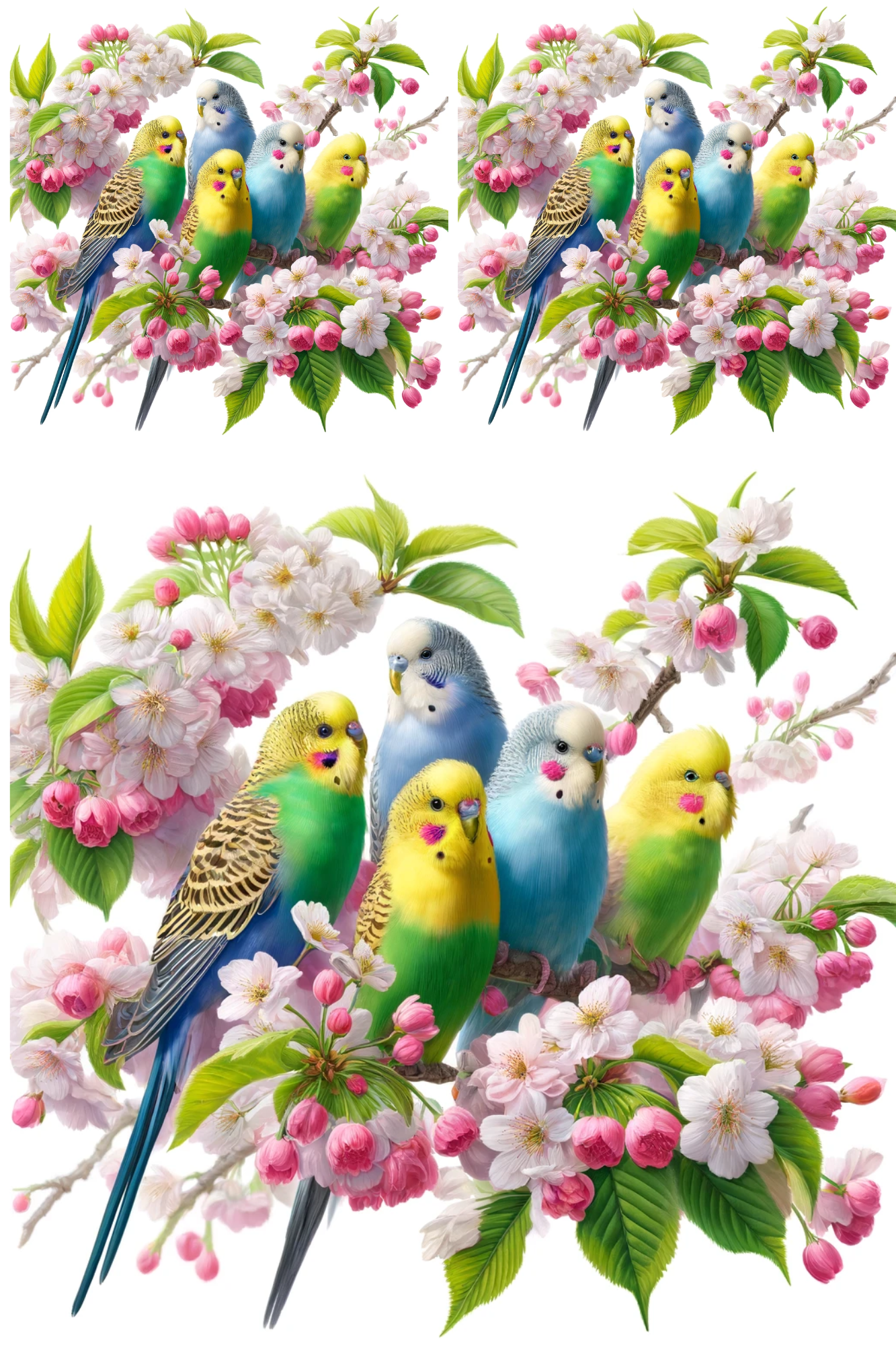 Sticker Sheet / Greeting Card – Budgies on Cherry, Cat. No. 252