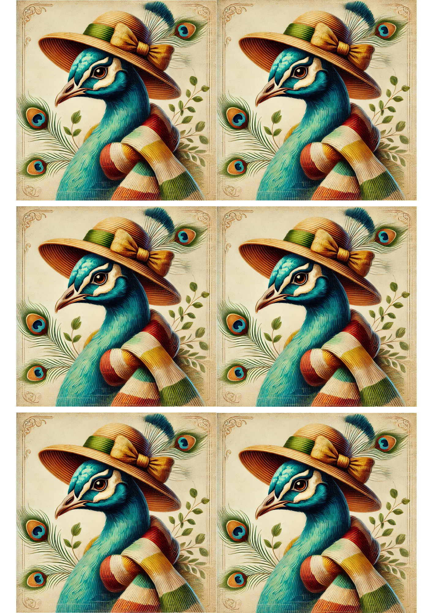 Sticker Sheet / Greeting Card – Peacock In Hat Collage Cat. No. 2222
