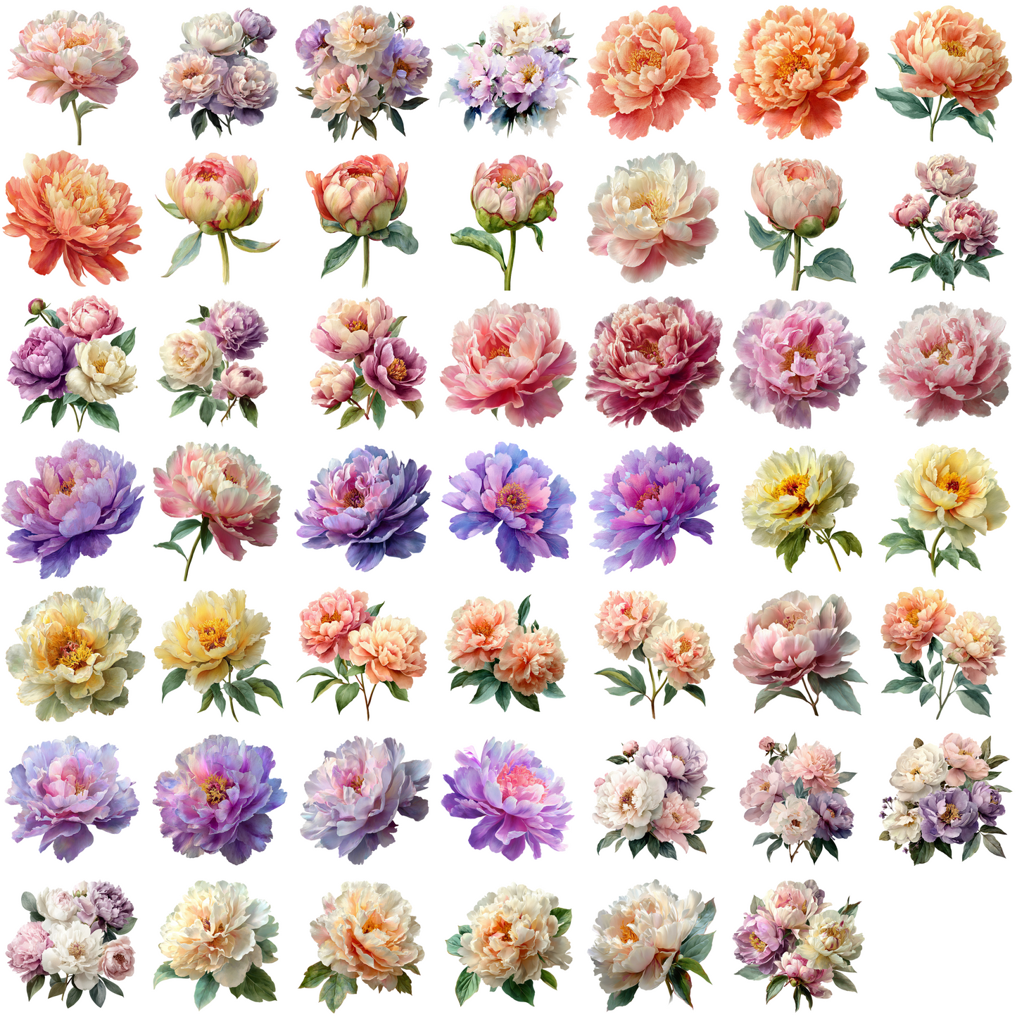 Watercolor Peonies Clipart Set: 48 PNG Designs with Transparent Background (Digital Download)