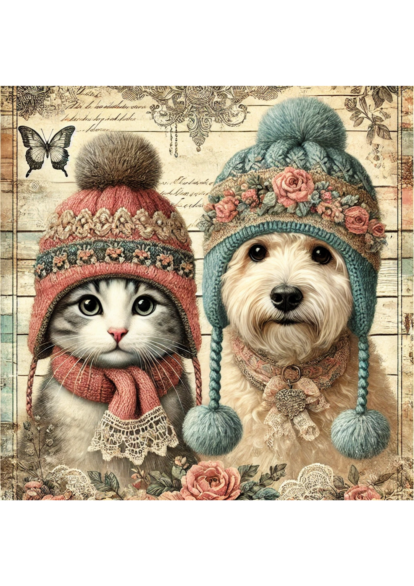 Sticker Sheet / Greeting Card – Dog and Cat in Winter Full Cat. No. 2245