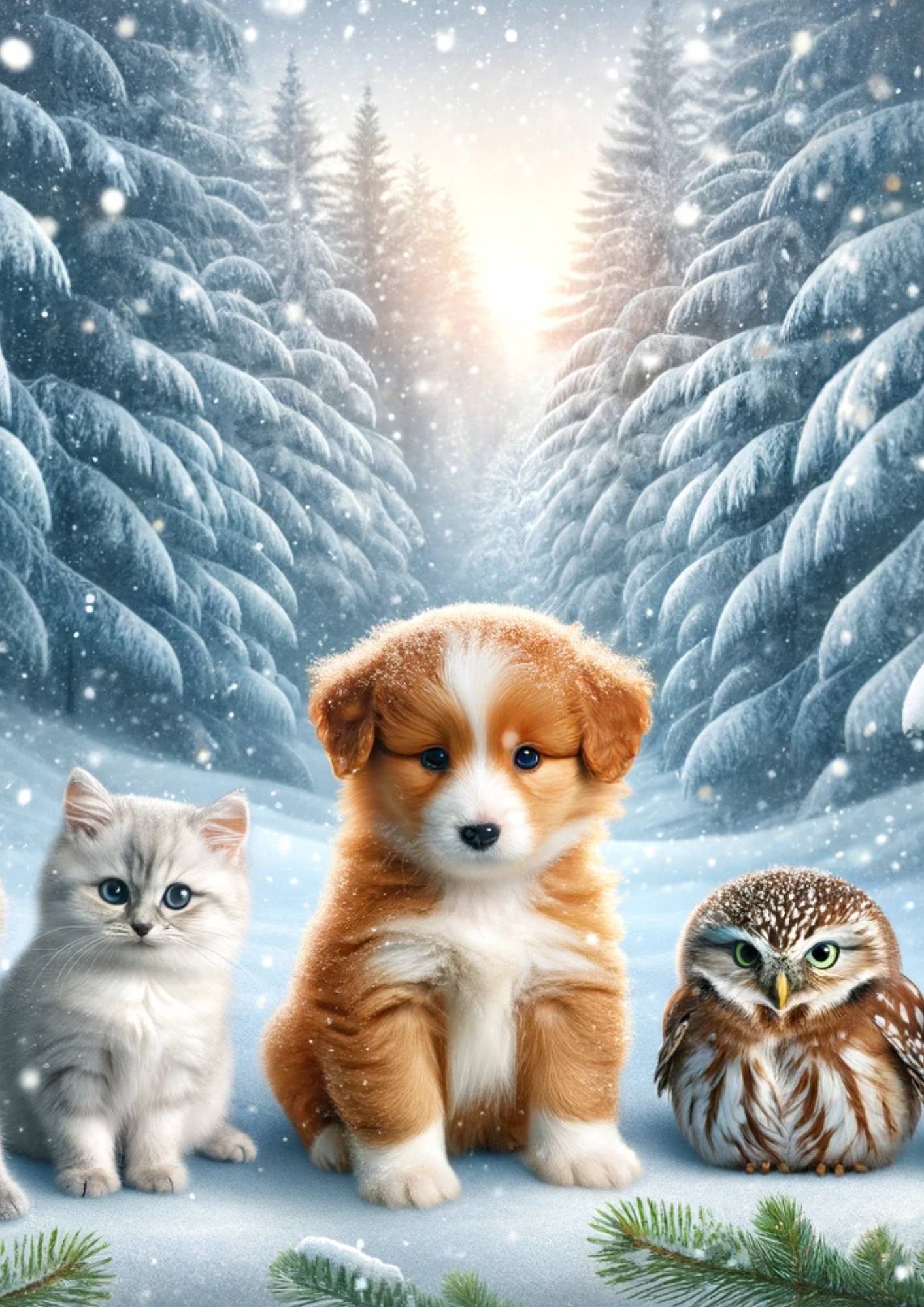 Sticker Sheet / Greeting Card – Dog and Cats in Winter Full Cat No. 770