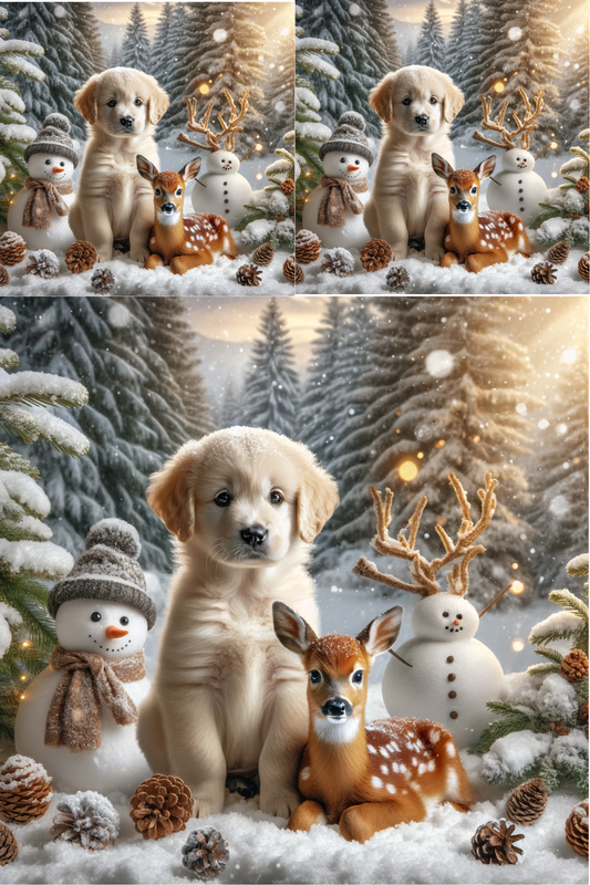 Sticker Sheet – Dog, Snowman and Deer in Winter Collage Cat No. 771