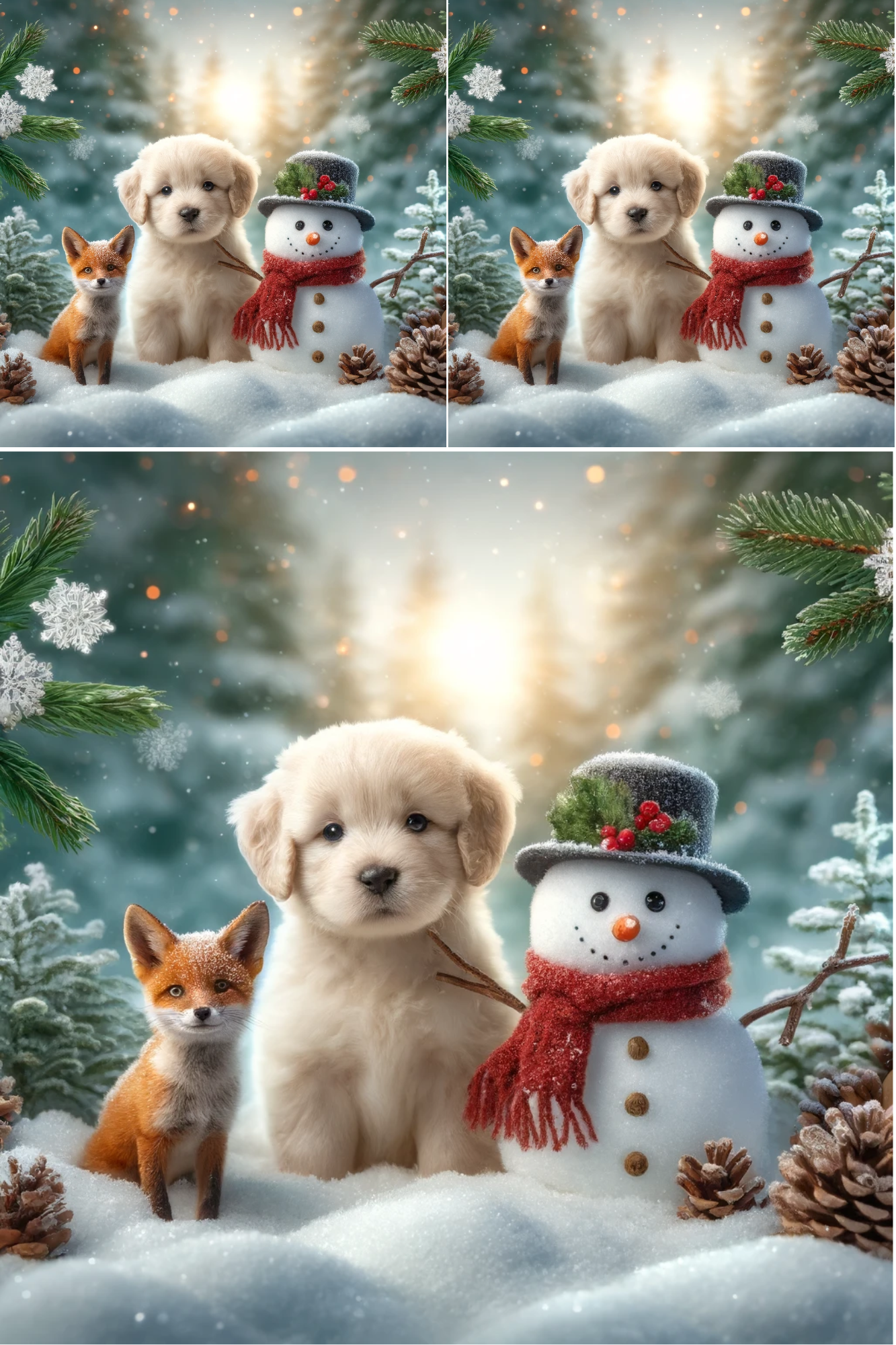 Sticker Sheet / Greeting Card – Dog, Snowman and Fox in Winter Collage Cat No. 773