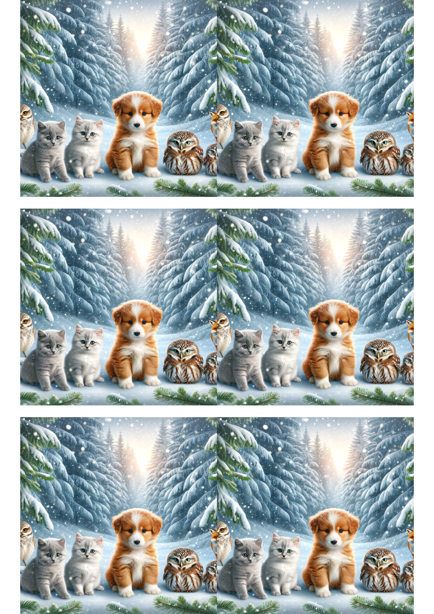 Sticker Sheet / Greeting Card – Dog and Cats in Winter Collage Cat No. 769