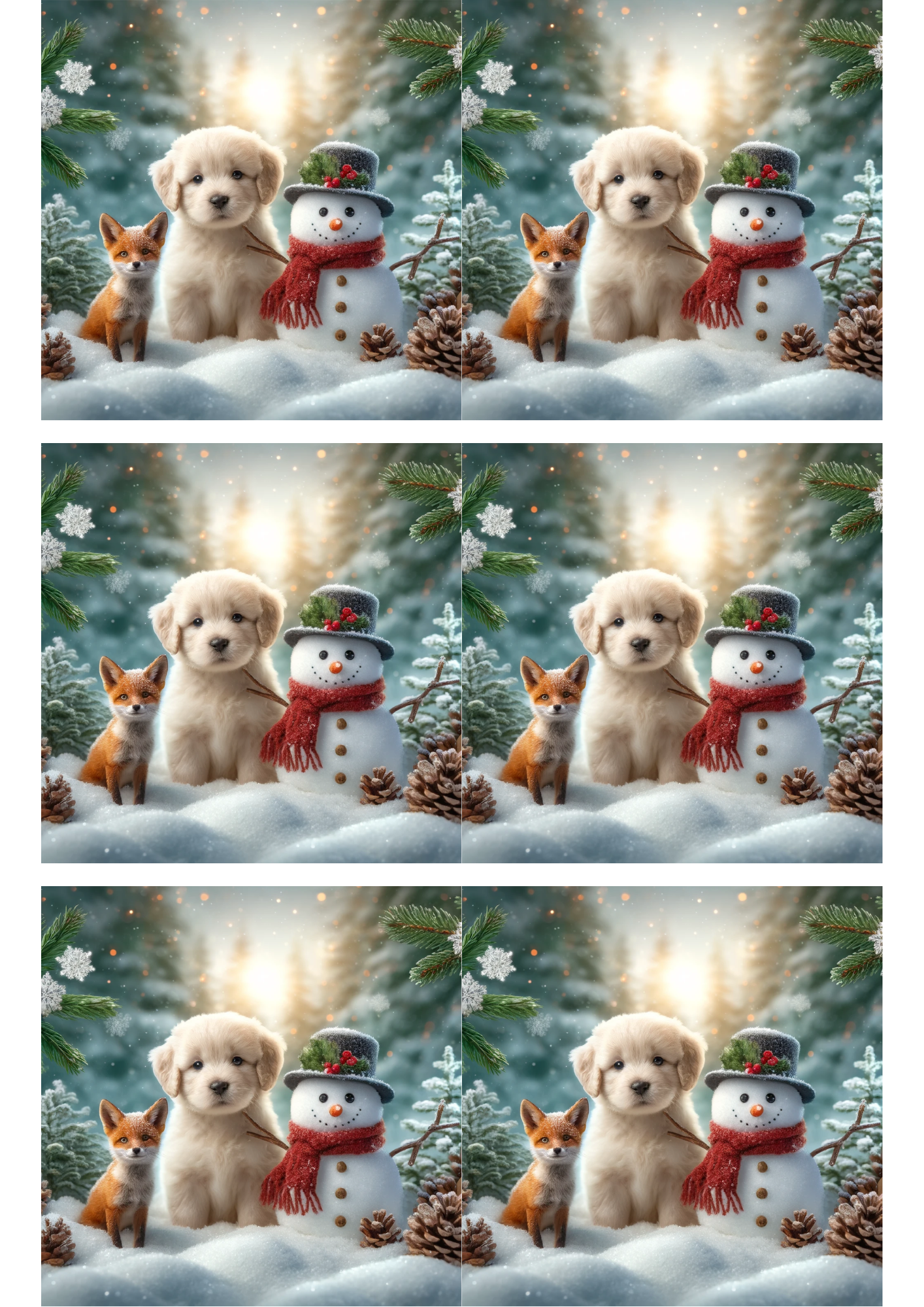 Sticker Sheet / Greeting Card – Dog, Fox and Snowman 6 Collage Cat. No. 1491