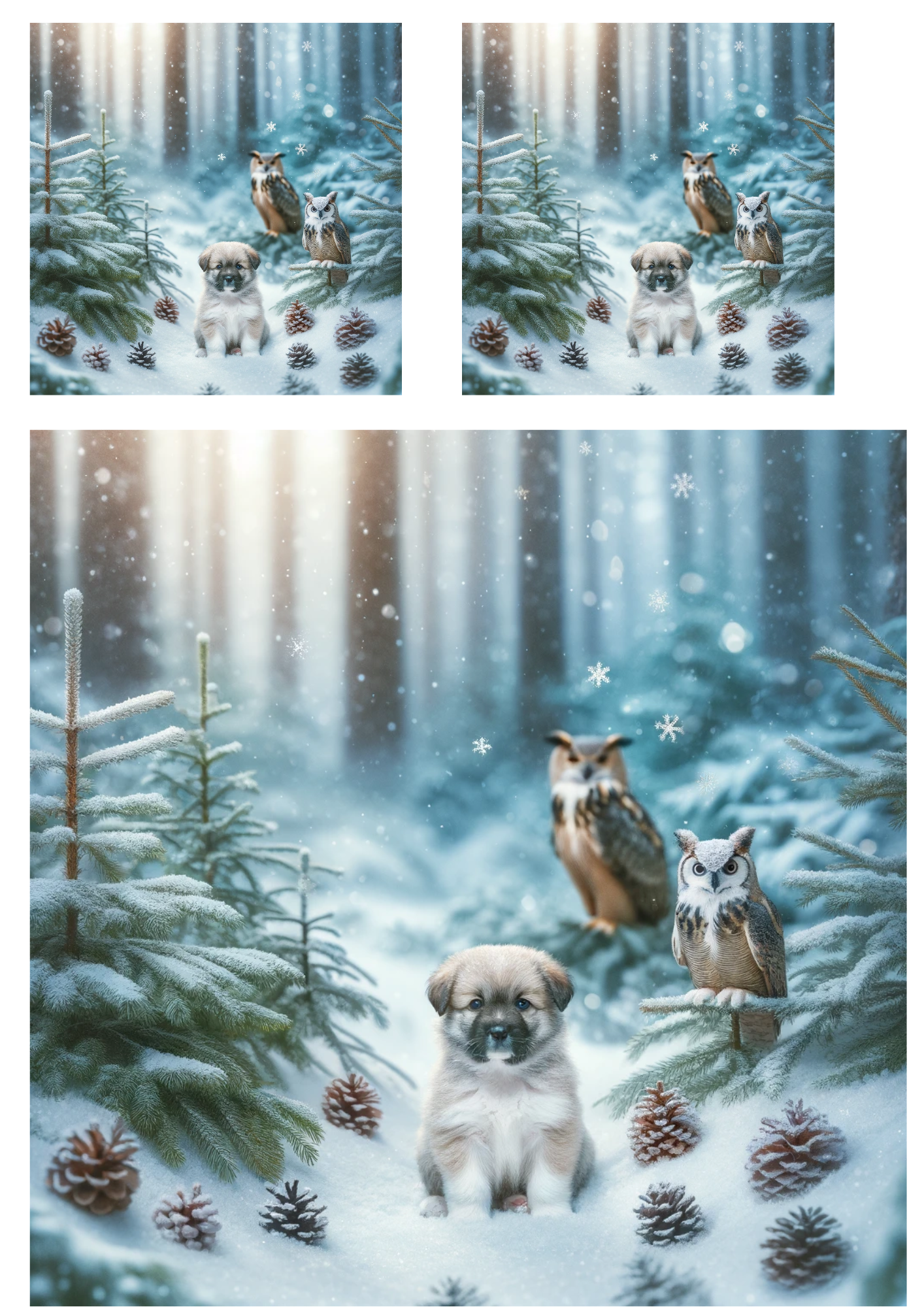 Sticker Sheet / Greeting Card – Dog, Owls in Winter Collage Cat No. 775