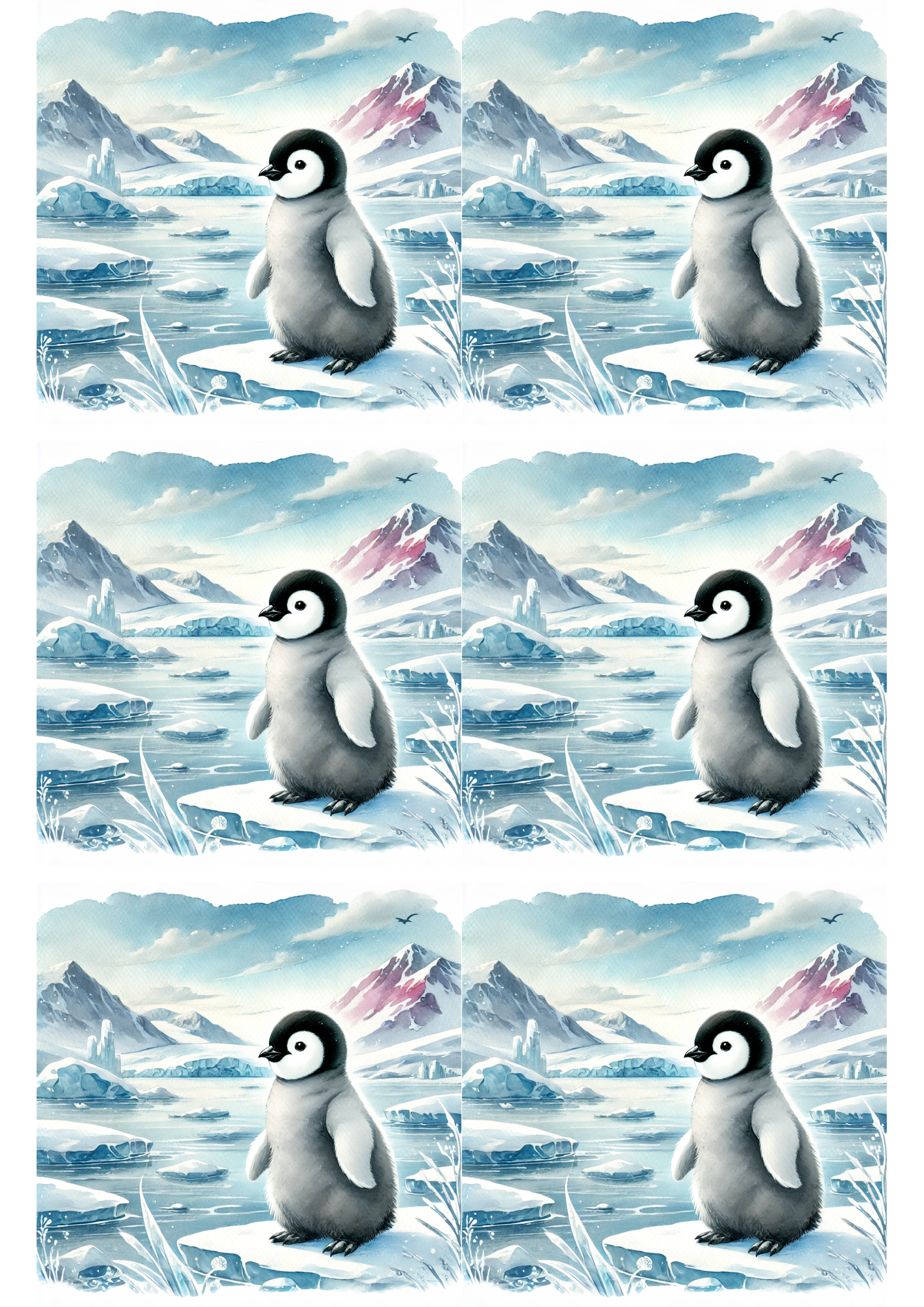 Sticker Sheet / Greeting Card – Penguin In Watercolor Collage Cat. No. 2254