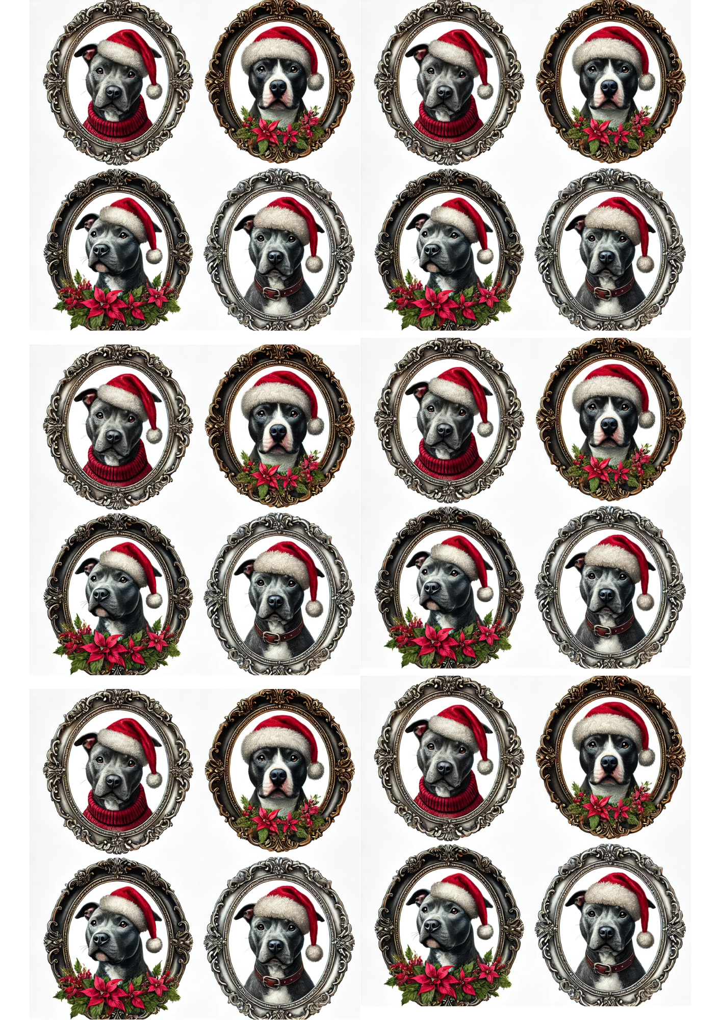 Sticker Sheet / Greeting Card – Pitbul In Oval And Christmas Hat Collage Cat. No. 3095