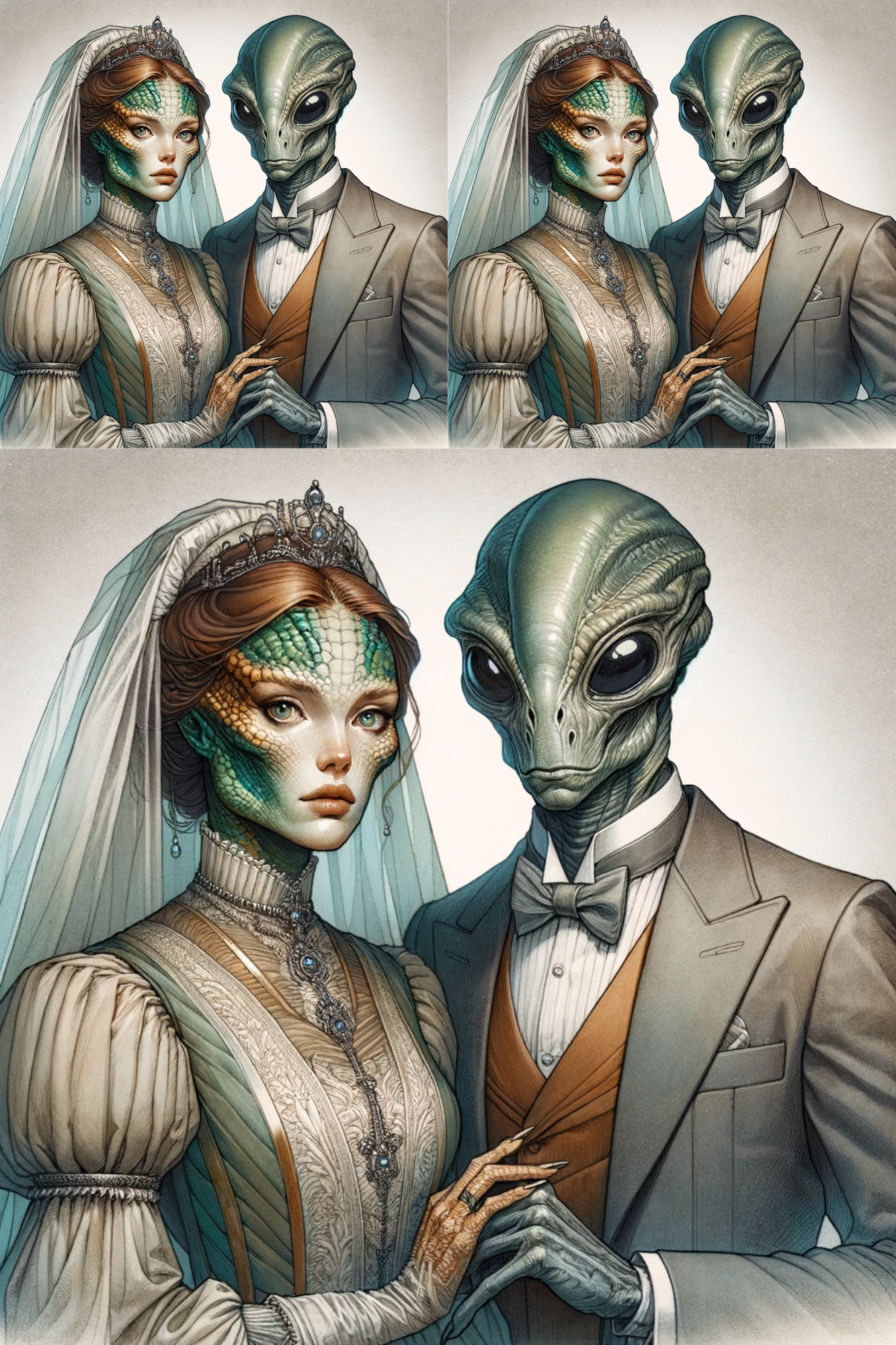Sticker Sheet / Greeting Card – Wedding Portrait Aliens And Woman Cat. No. 265