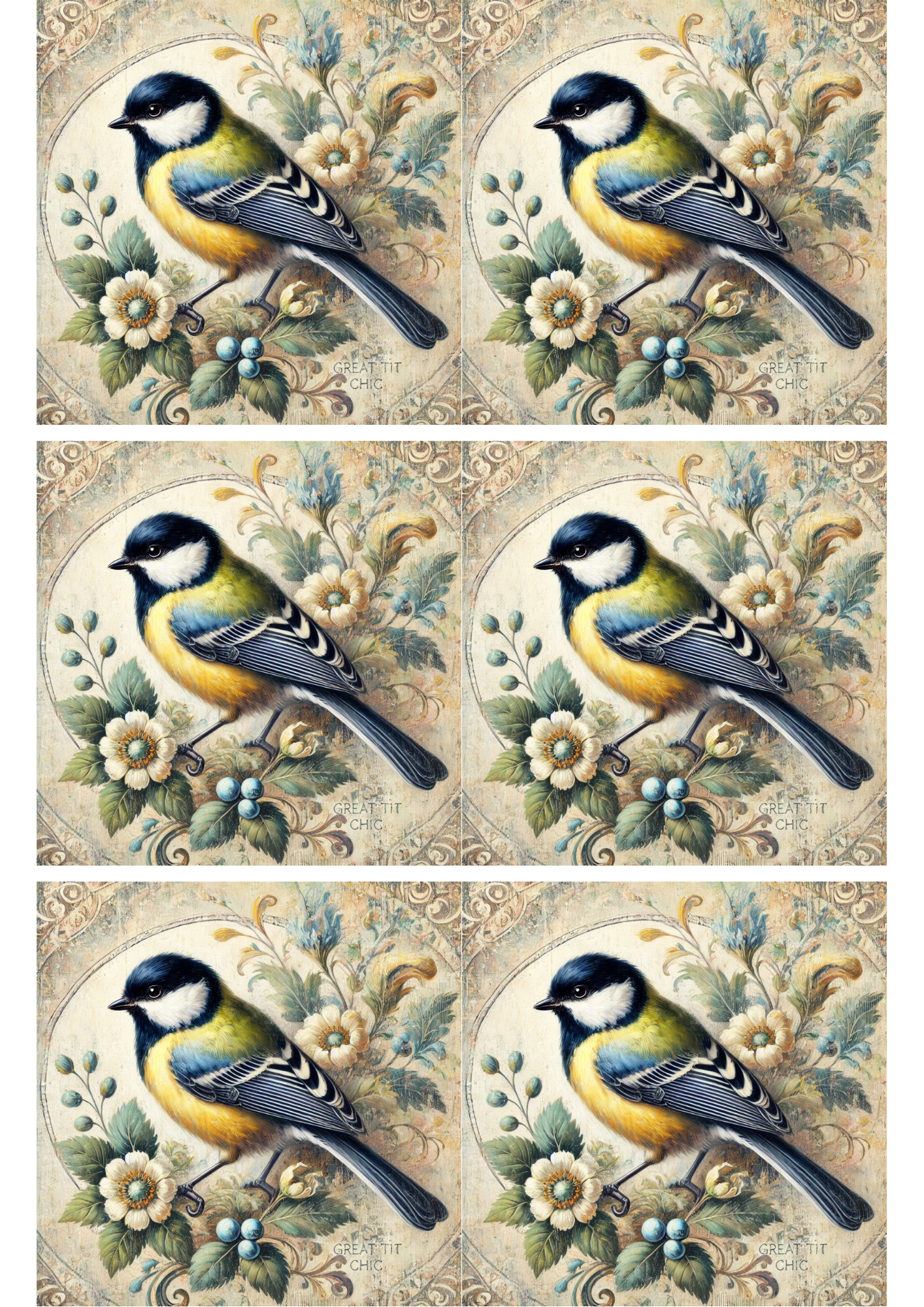 Sticker Sheet / Greeting Card – Blue Tit Shabby Chic Collage Cat. No. 2290