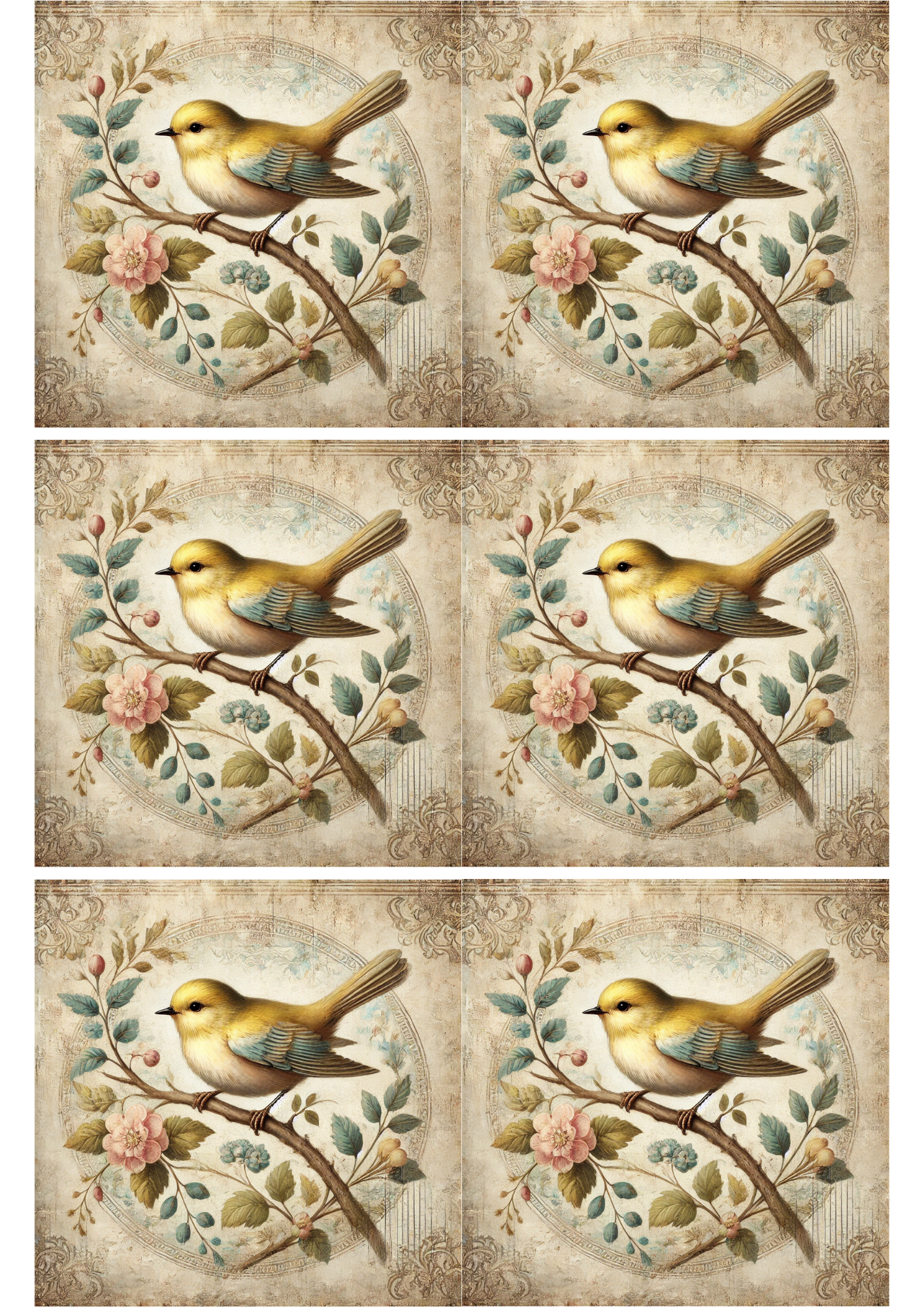 Sticker Sheet / Greeting Card – Bird On Branch Shabby Chic Collage Cat. No. 2292