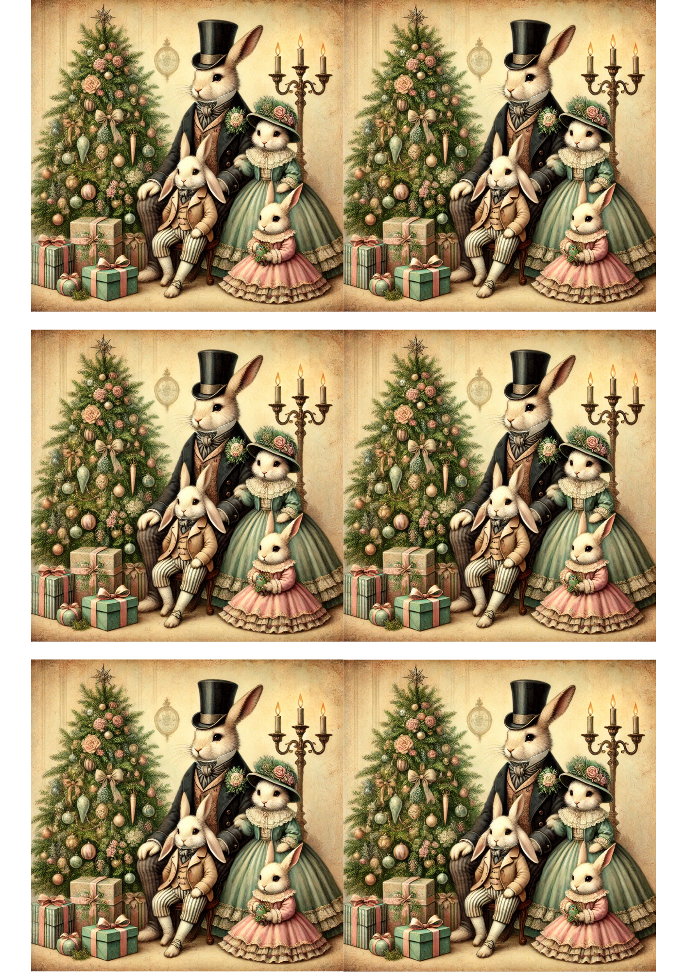 Sticker Sheet – Rabbit Family By The Christmas Tree Vintage Collage Cat. No. 3107