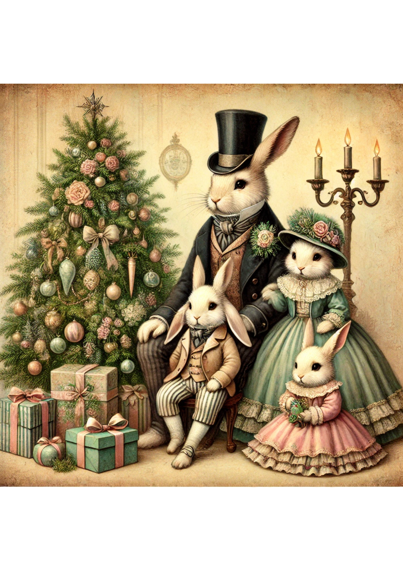 Sticker Sheet – Rabbit Family By The Christmas Tree Vintage Full Cat. No. 3108