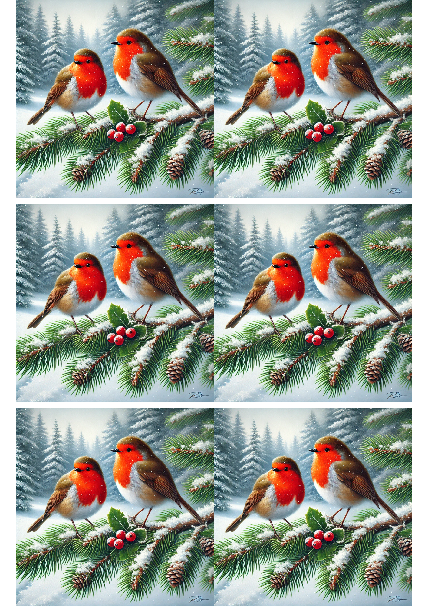 Sticker Sheet / Greeting Card – Red Robins on a Spruce Tree Collage Cat. No. 2318