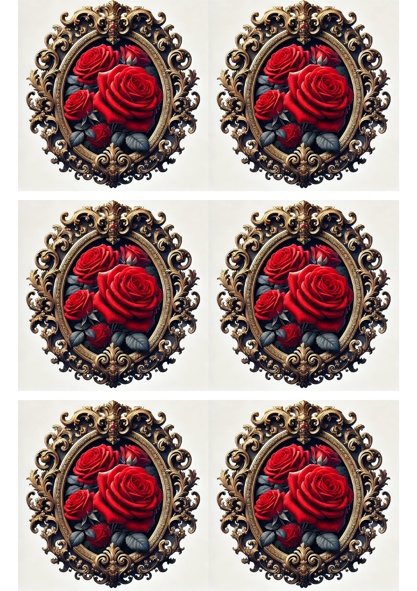 Sticker Sheet / Greeting Card – Red Rose Baroque Oval Collage Cat. No. 3113