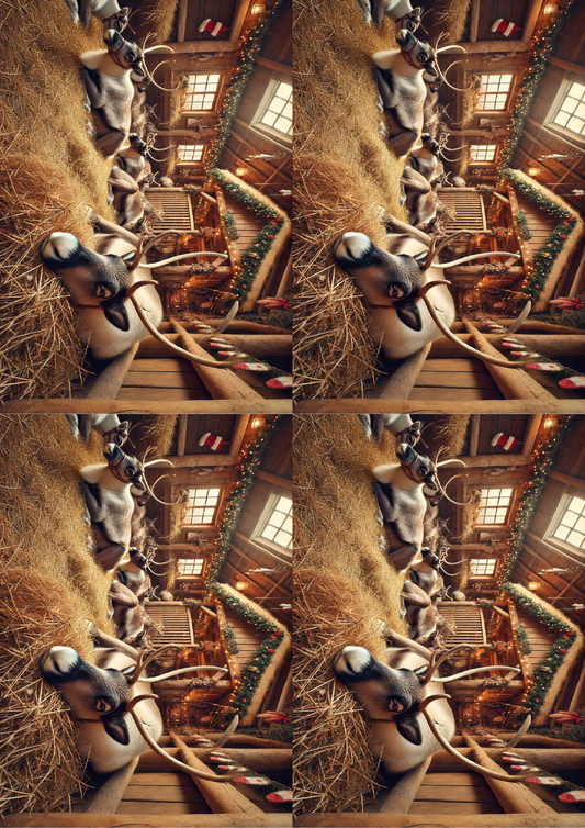 Klistremerkeark Reinsdyr i stallen Kollasj Kat. nr. 1572