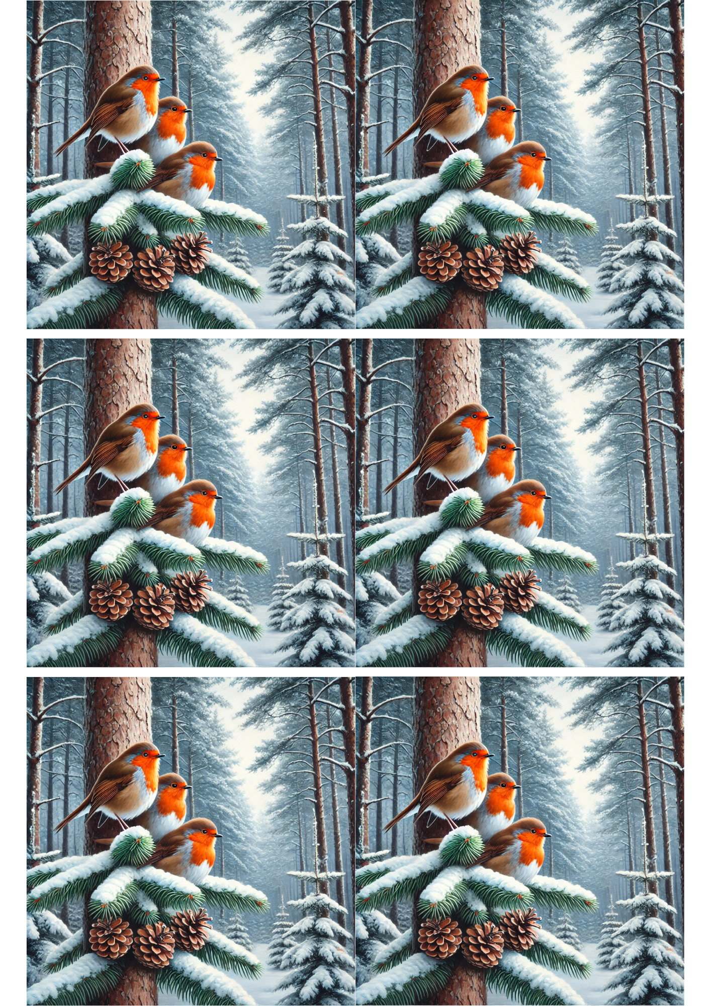 Sticker Sheet / Greeting Card – Robins In Snowy Winter Forest Collage Cat. No. 2335