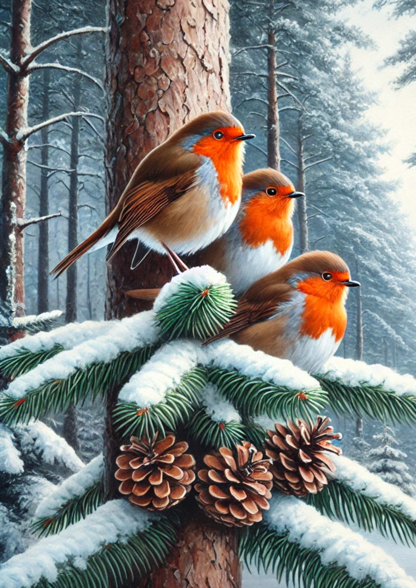 Sticker Sheet / Greeting Card – Robins In Snowy Winter Forest Full Cat. No. 2336