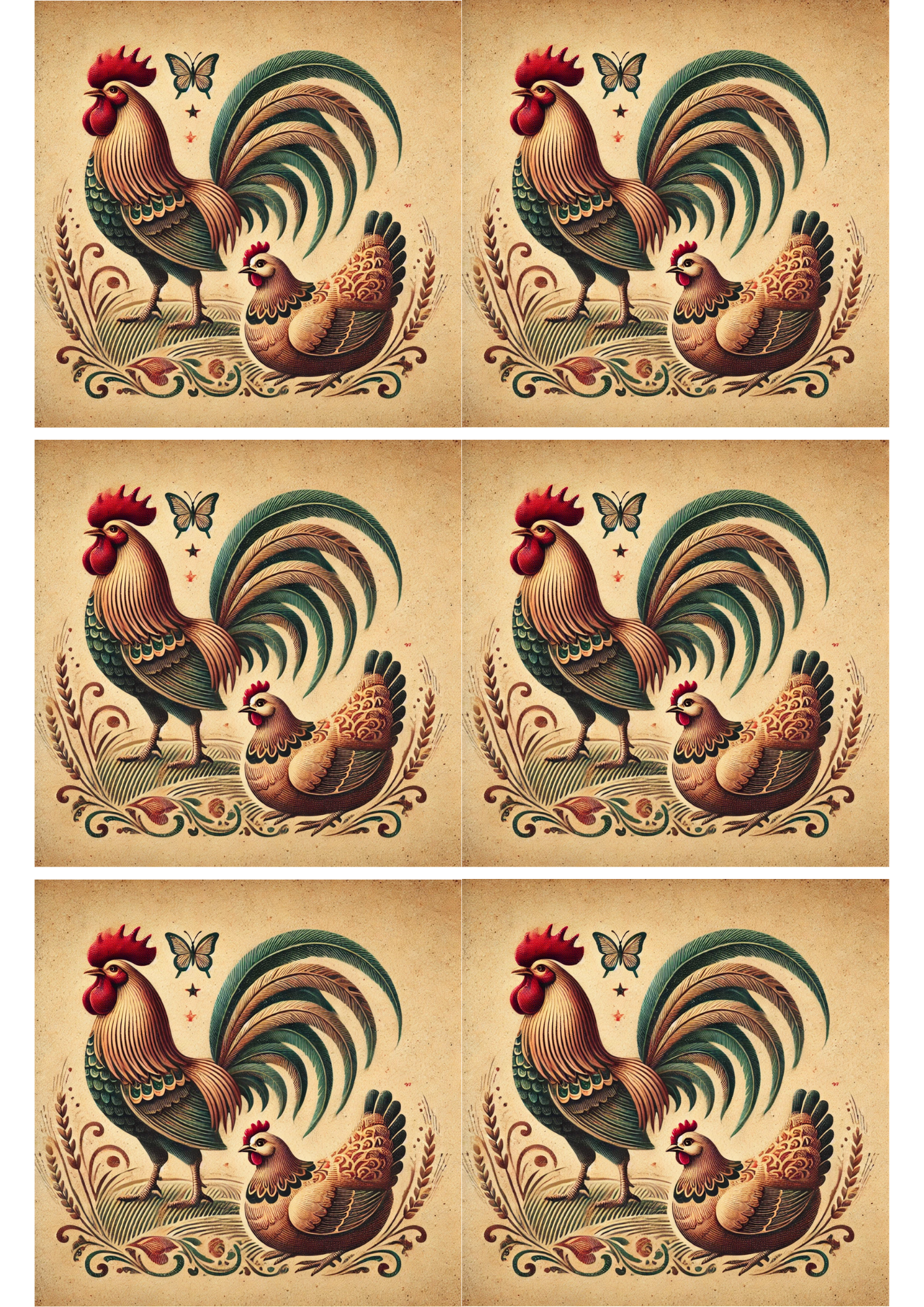 Sticker Sheet / Greeting Card – Rooster and Hen Shabby Chic Collage Cat. No. 2343