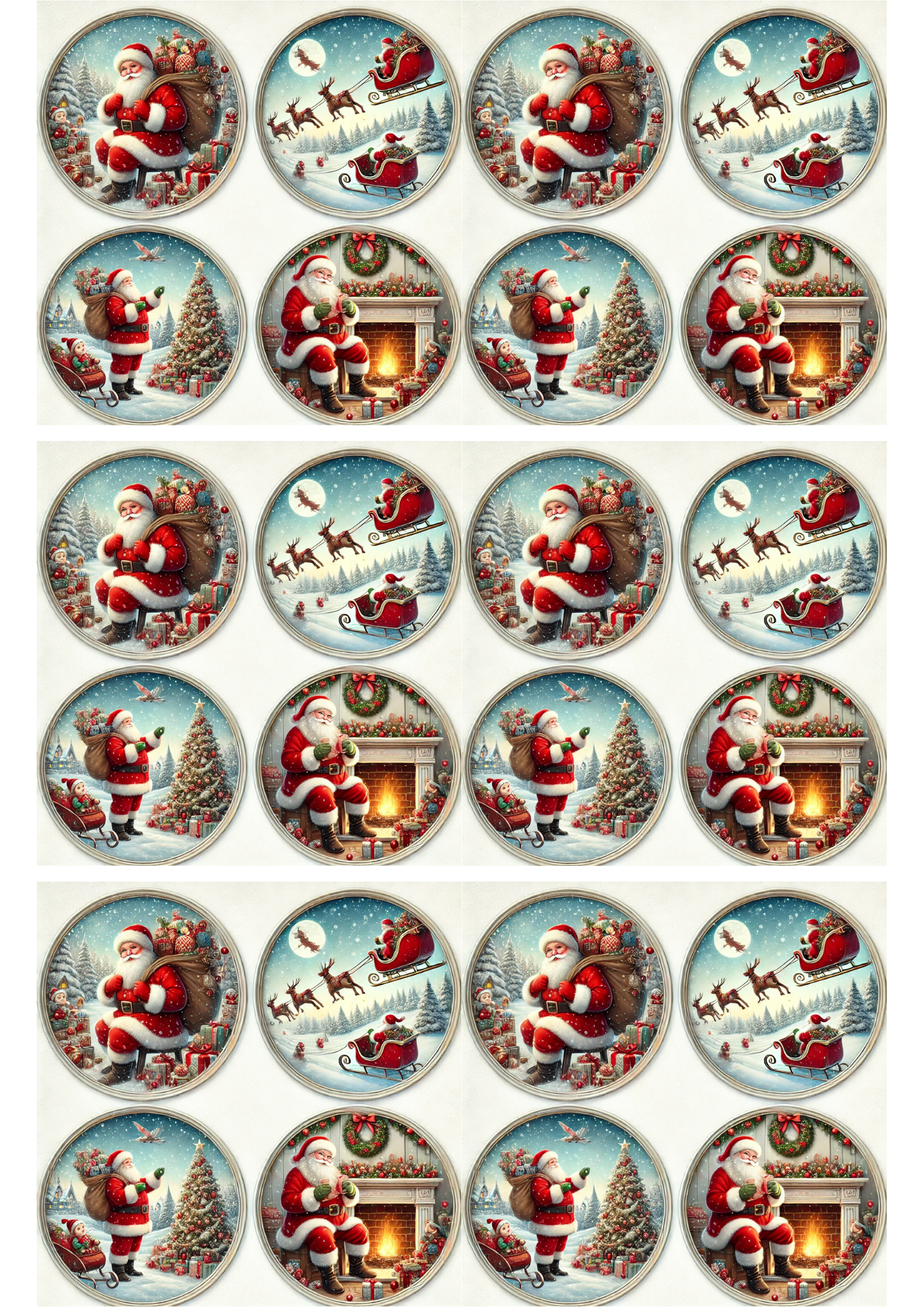 Sticker Sheet / Greeting Card – Santa Claus In Round Frames Collage Cat. No. 3127