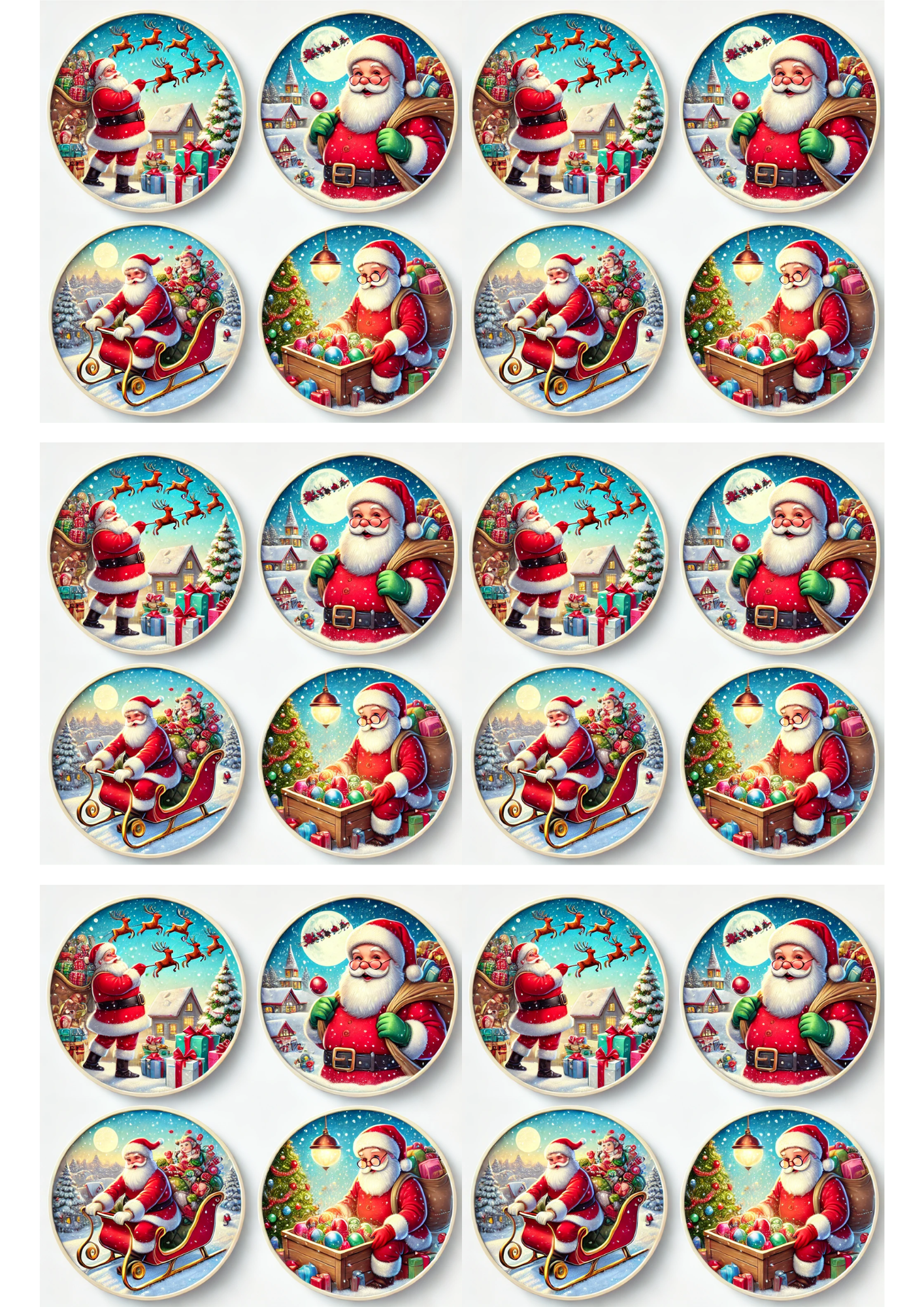 Sticker Sheet / Greeting Card – Santa Claus In Round Frames Collage Cat. No. 3131