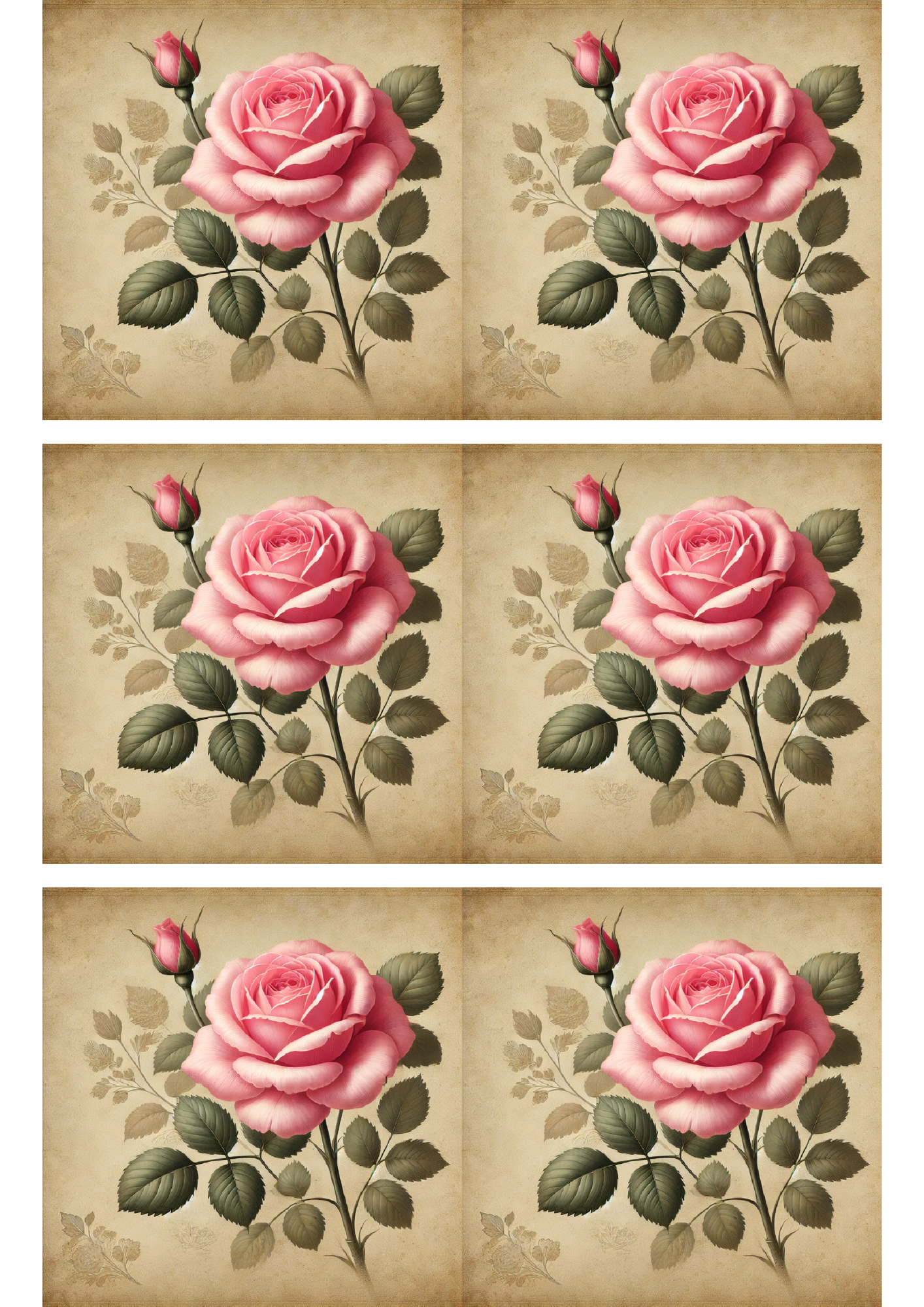 Sticker Sheet / Greeting Card – Pink Rose Vintage Collage Cat. No. 1686