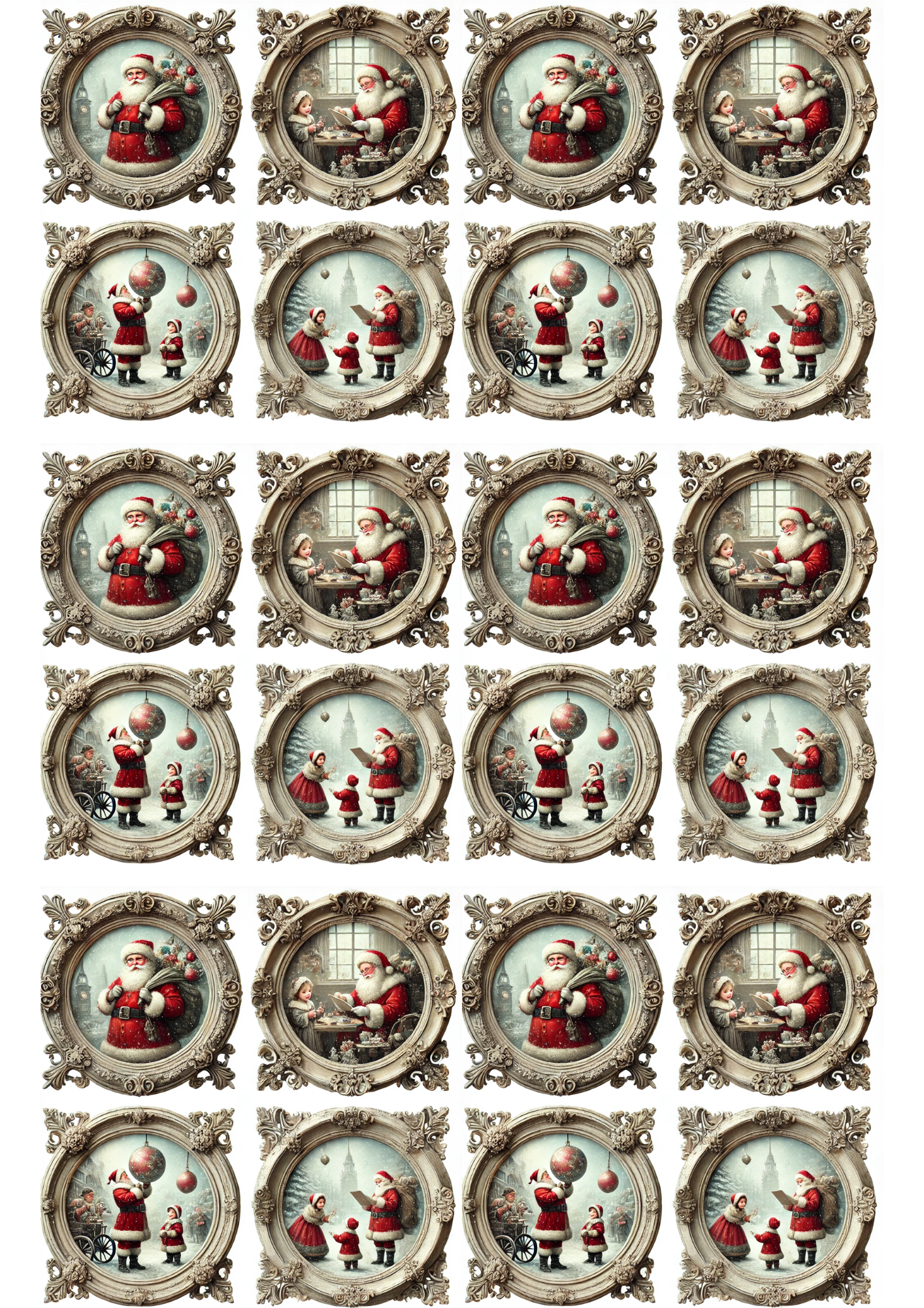 Sticker Sheet / Greeting Card – Santa Claus Scenes In Round Frames Collage Cat. No. 3145