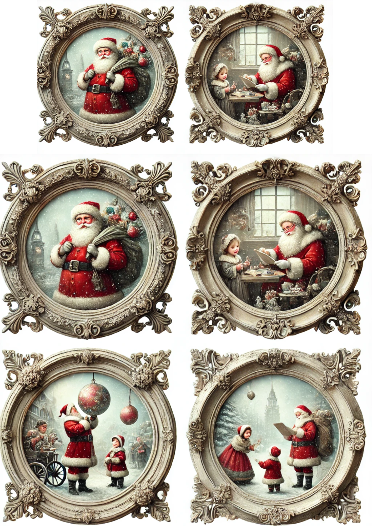 Sticker Sheet / Greeting Card – Santa Claus Scenes In Round Frames Full Cat. No. 3146
