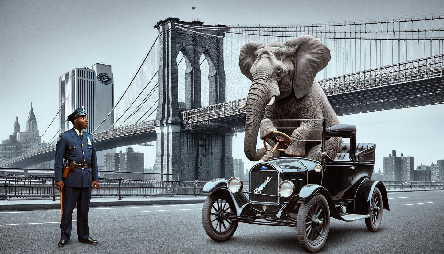 Sticker Sheet / Greeting Card – Elephant Drives A Car In Manhattan Cat. No. 23