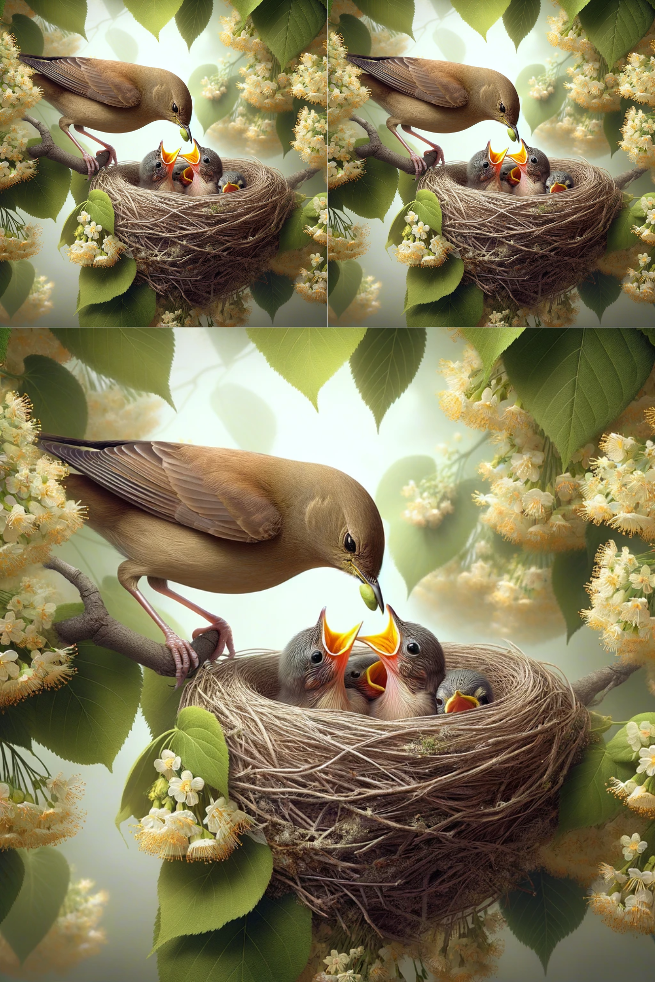 Sticker Sheet / Greeting Card – Nightingale Feeds Chicks On Linden Tree Collage Cat. No. 315