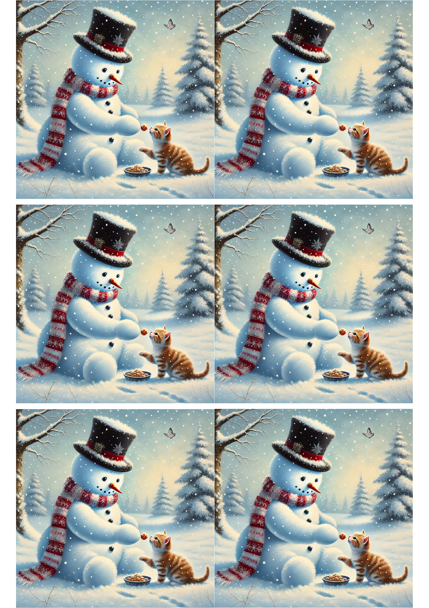 Sticker Sheet / Greeting Card – Snowman Is Feeding Little Kitten Collage Cat. No. 2465
