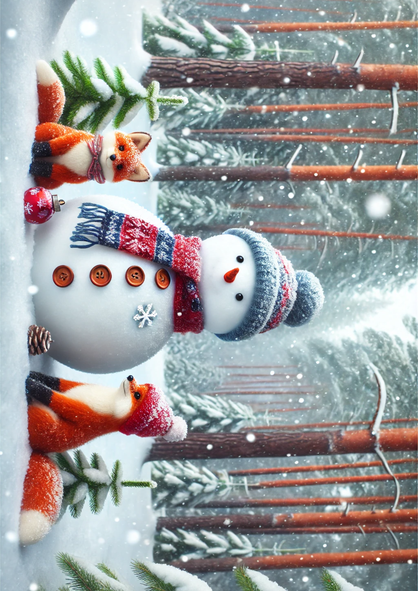 Sticker Sheet / Greeting Card – Snowman and Foxes Full Cat. No. 2468