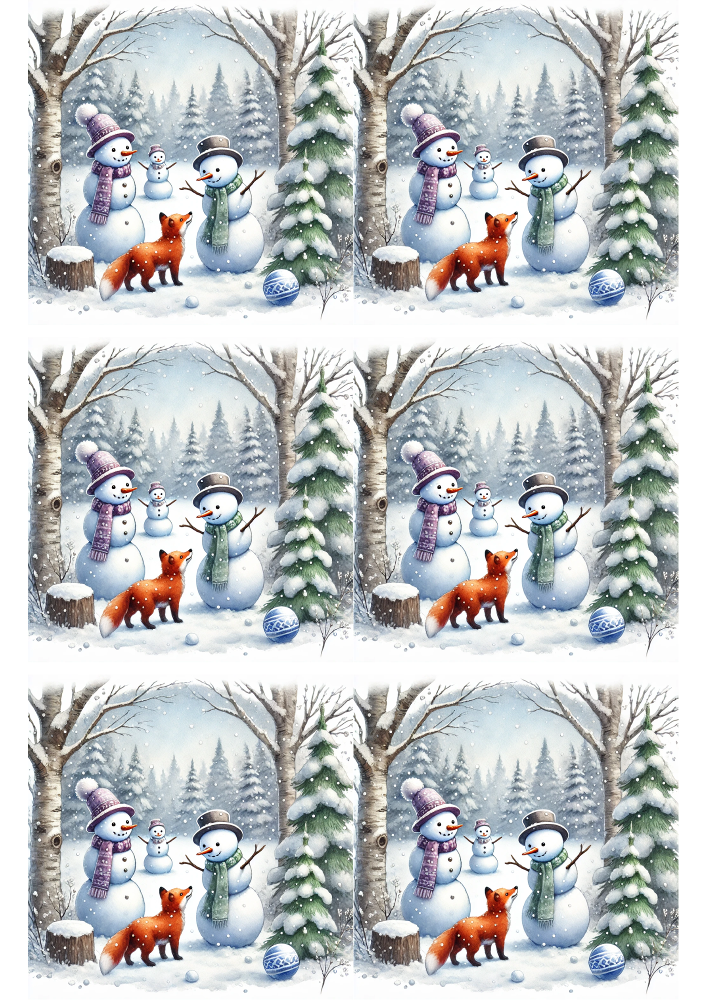 Sticker Sheet / Greeting Card – Snowmen and Fox Collage Cat. No. 2469