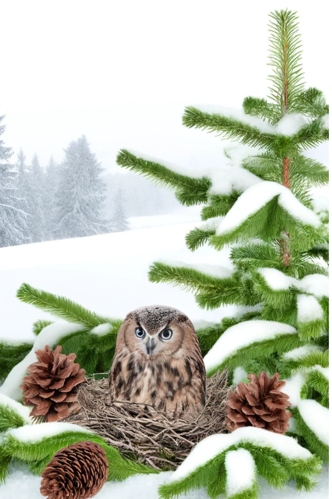 Sticker Sheet / Greeting Card – Owl In The Nest On The Fir Tree 4 Full Cat No. 796