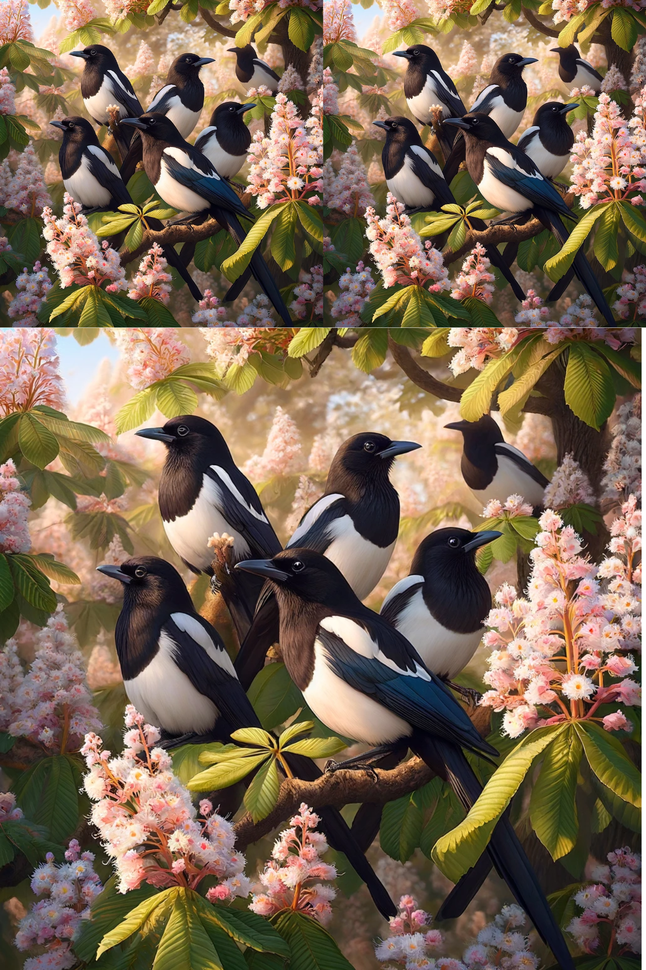 Sticker Sheet / Greeting Card – Magpies On A Chestnut Tree Collage Cat No. 813