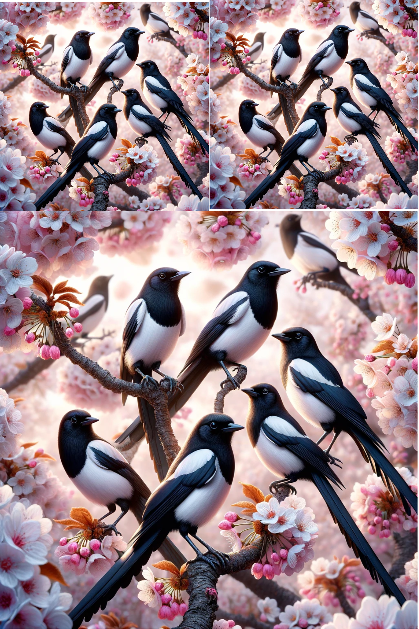 Sticker Sheet / Greeting Card – Magpies On Cherry Tree Collage Cat No. 829