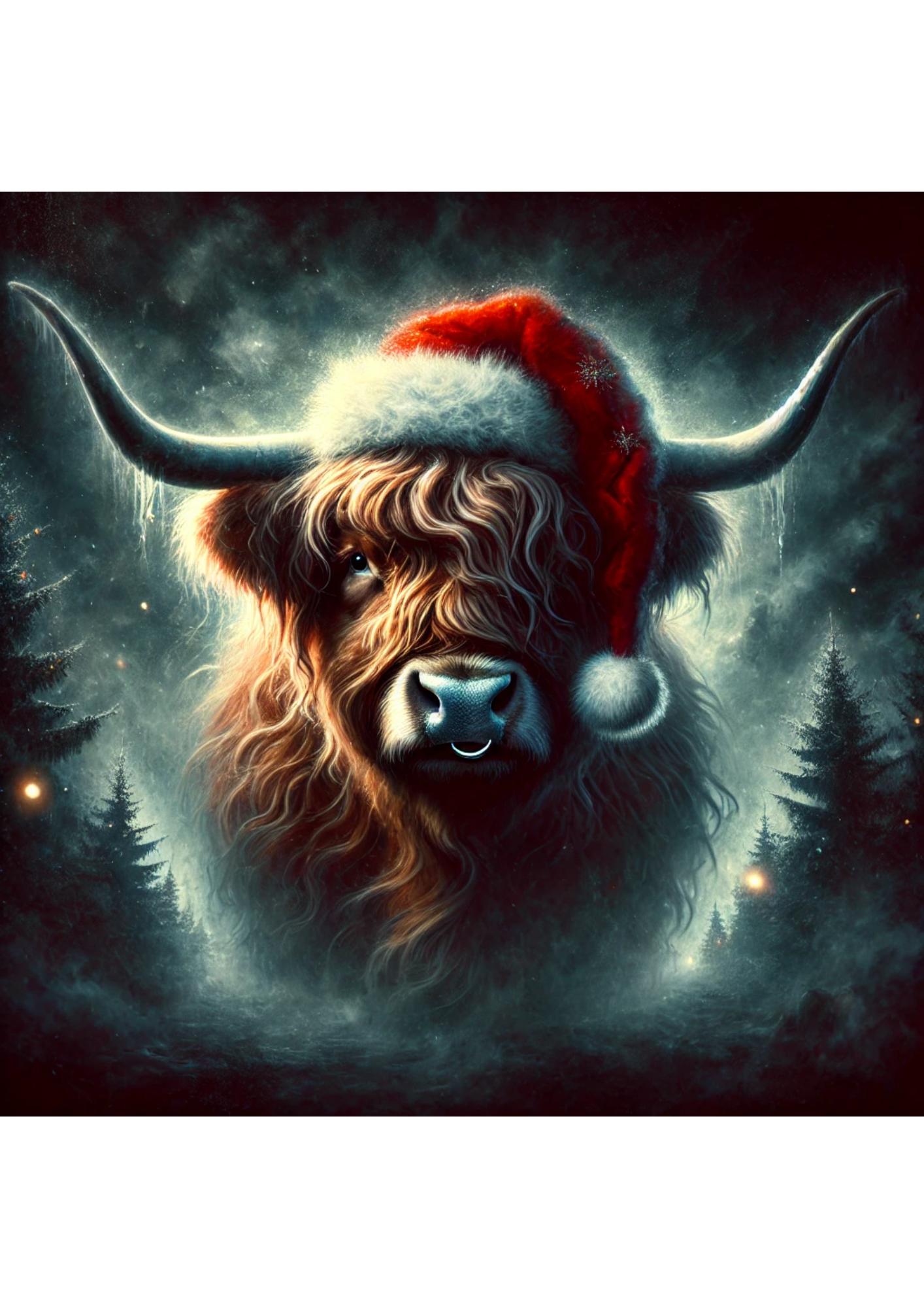 Sticker Sheet / Greeting Card – Highland Cow Surrealist In Christmas Hat Full Cat. No. 2912