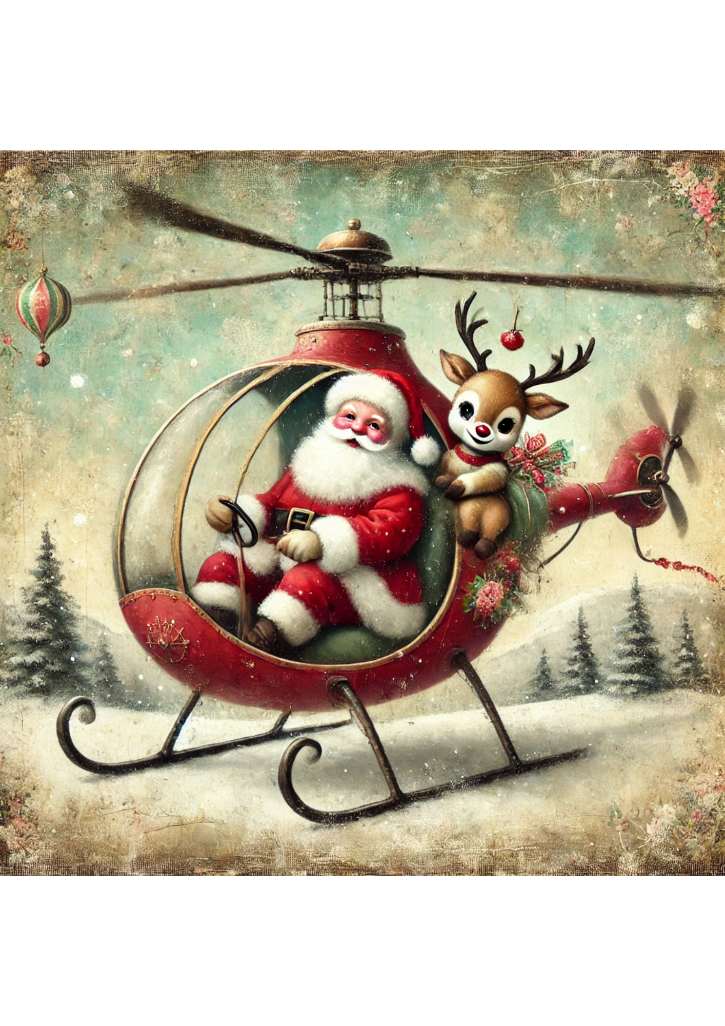 Sticker Sheet / Greeting Card – Santa Claus In Helicopter Full Cat. No. 2920