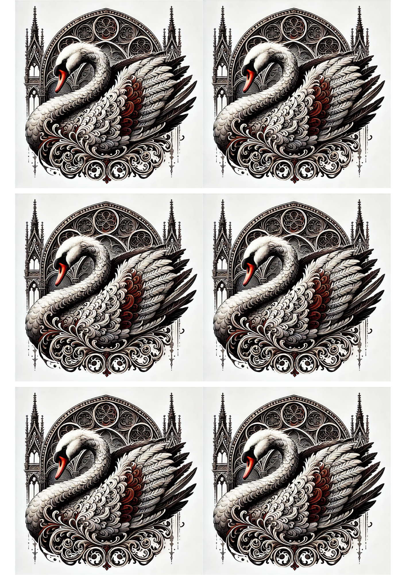 Sticker Sheet / Greeting Card – Swan In Gothic Style Collage Cat. No. 2499