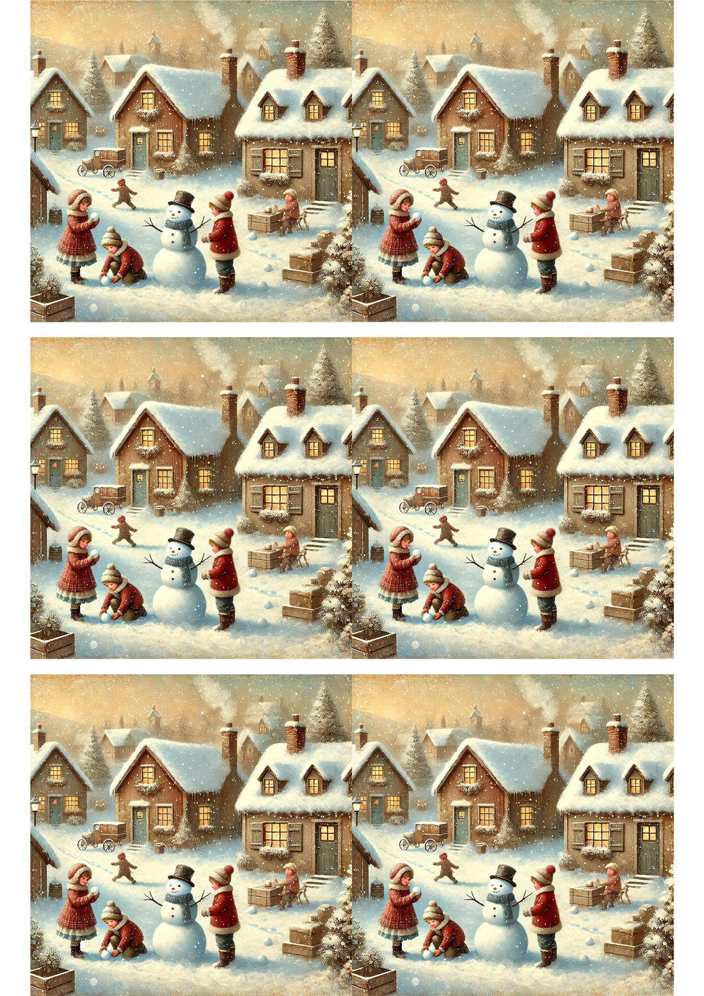 Sticker Sheet / Greeting Card – Children Make Snowman At Christmas Collage Cat. No. 2917