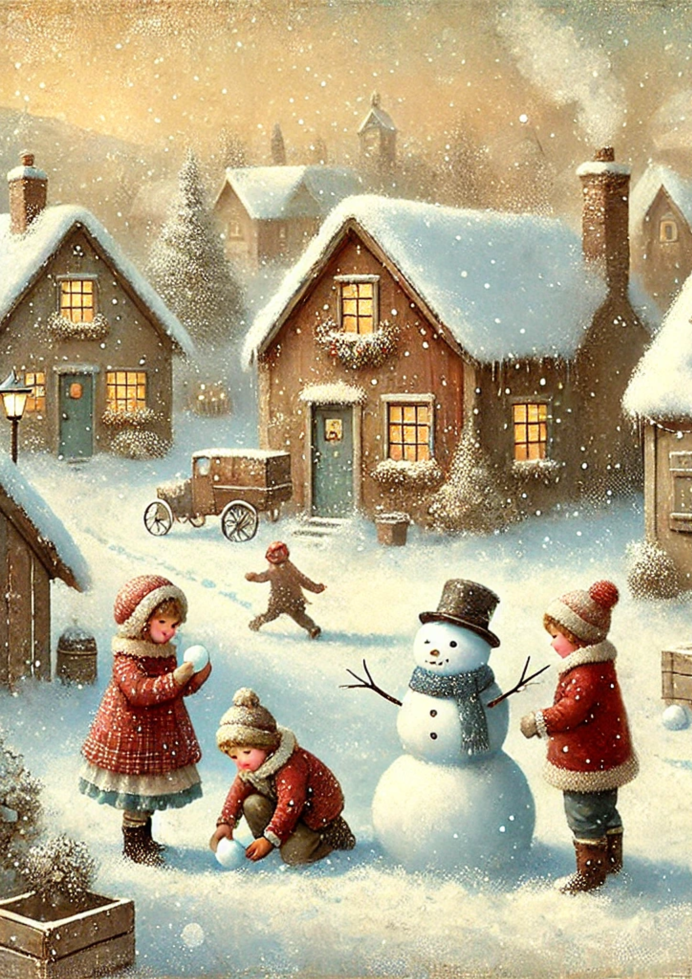 Sticker Sheet / Greeting Card – Children Make Snowman At Christmas Full Cat. No. 2918