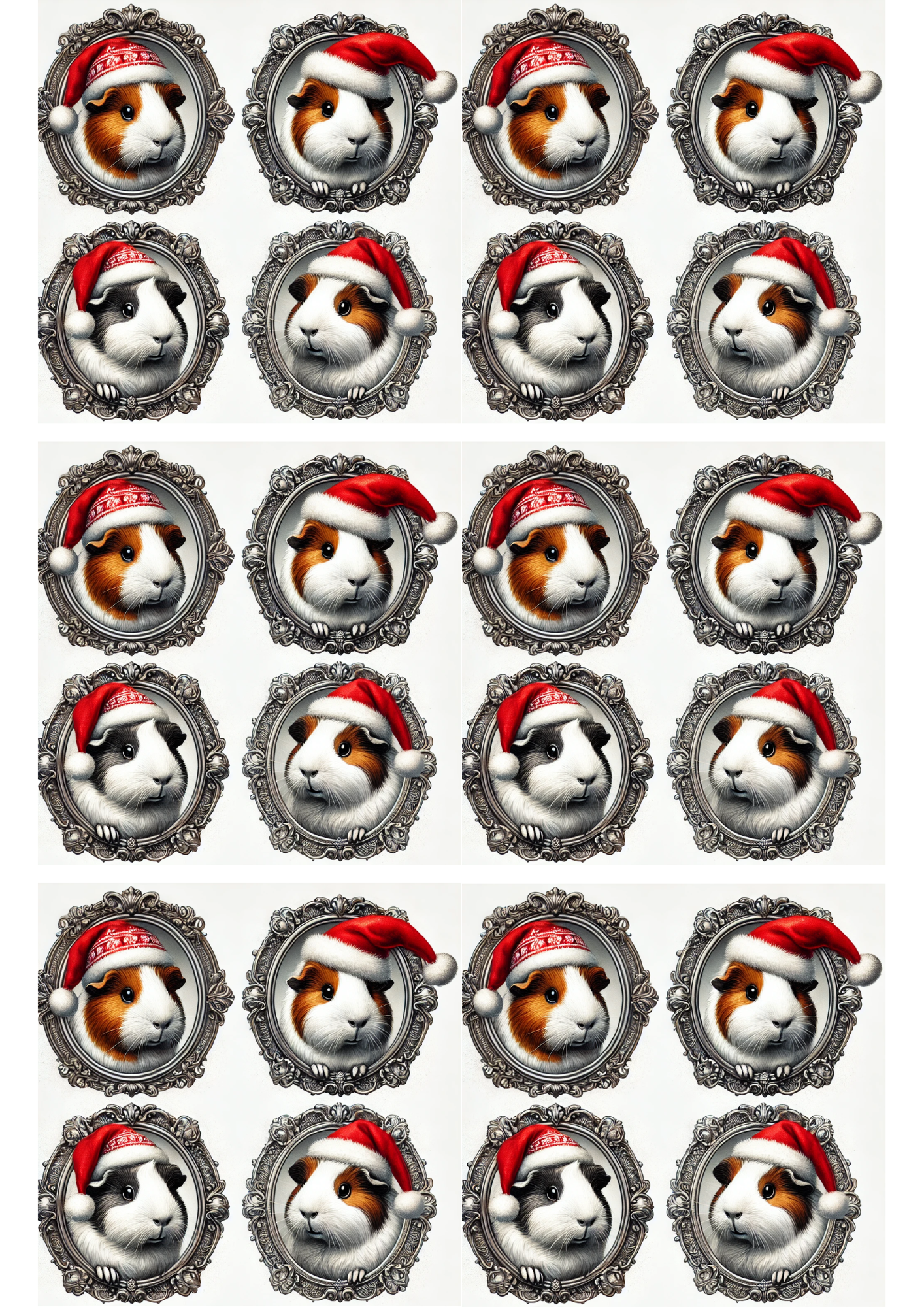 Sticker Sheet / Greeting Card – RRice Paper For Decoupage Guinea Pig In Christmas Hat In Ovals Collage Cat. No. 3163